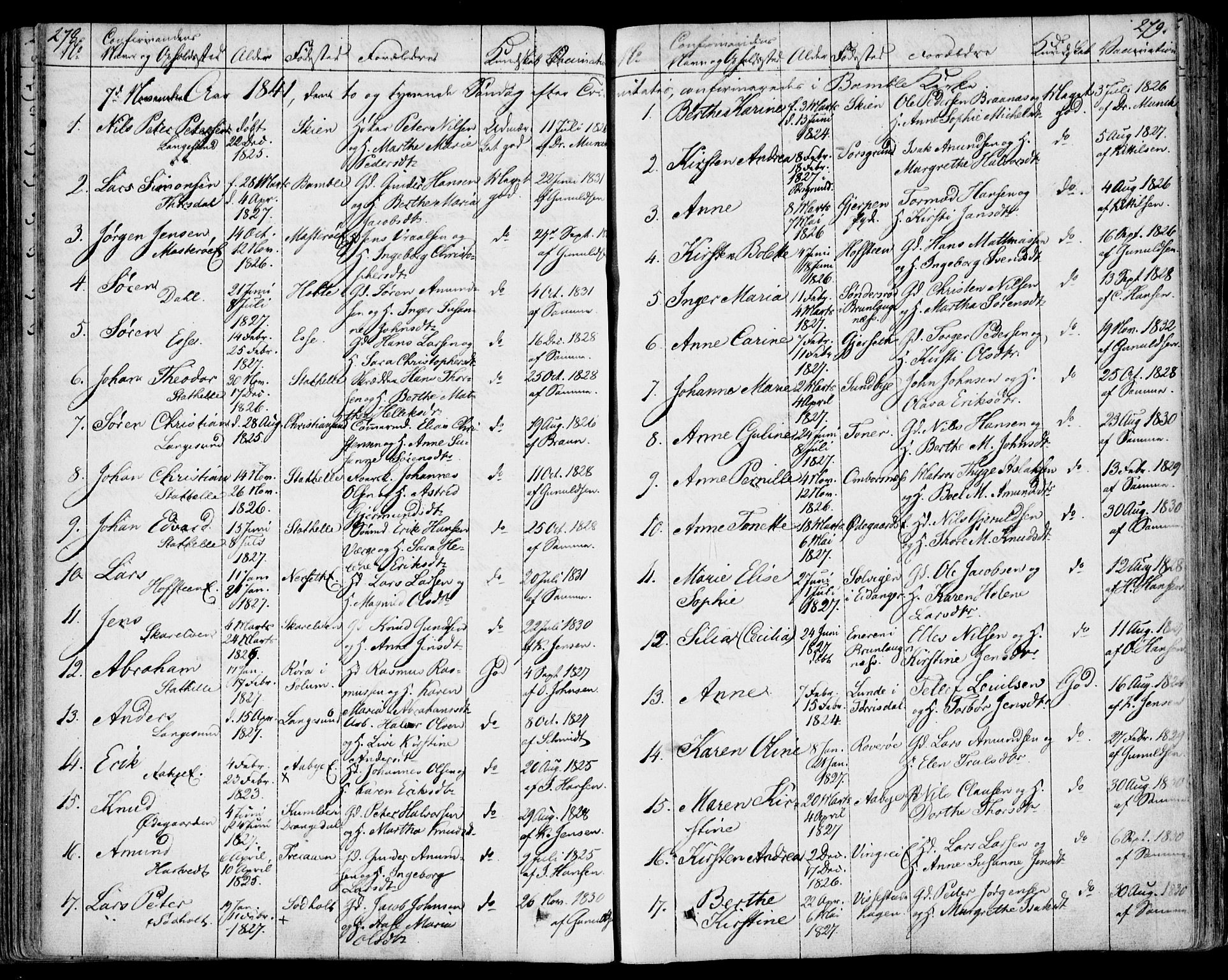 Bamble kirkebøker, SAKO/A-253/F/Fa/L0004: Parish register (official) no. I 4, 1834-1853, p. 278-279