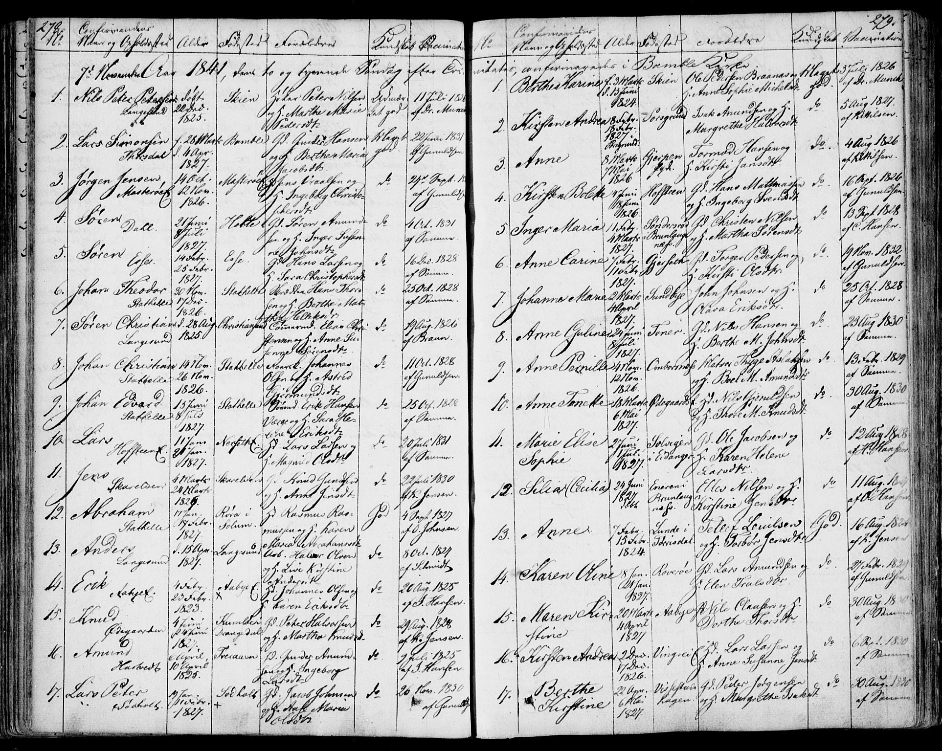 Bamble kirkebøker, AV/SAKO-A-253/F/Fa/L0004: Parish register (official) no. I 4, 1834-1853, p. 278-279