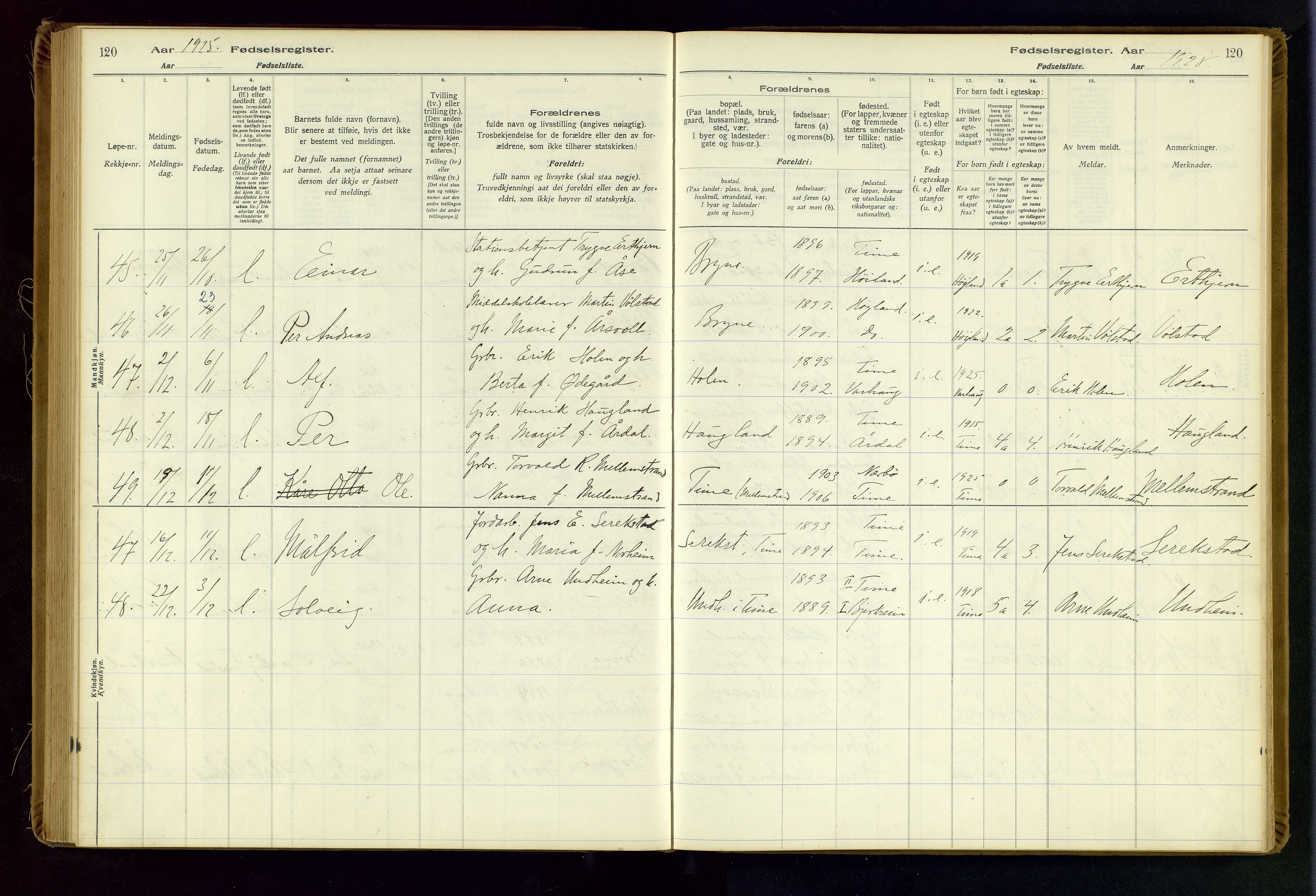 Time sokneprestkontor, AV/SAST-A-101795/001/704BA/L0001: Birth register no. 1, 1916-1934, p. 120