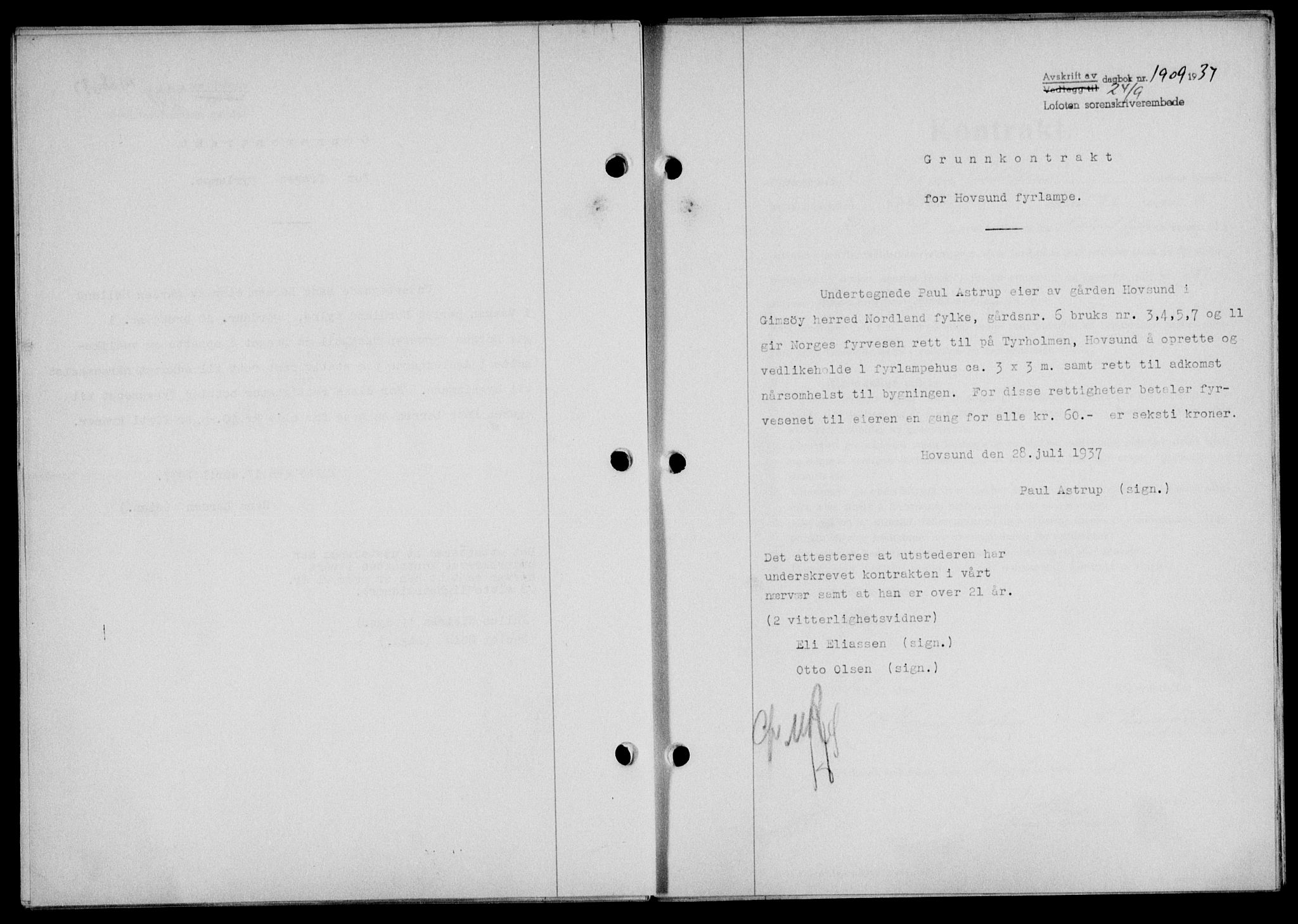Lofoten sorenskriveri, SAT/A-0017/1/2/2C/L0002a: Mortgage book no. 2a, 1937-1937, Diary no: : 1909/1937