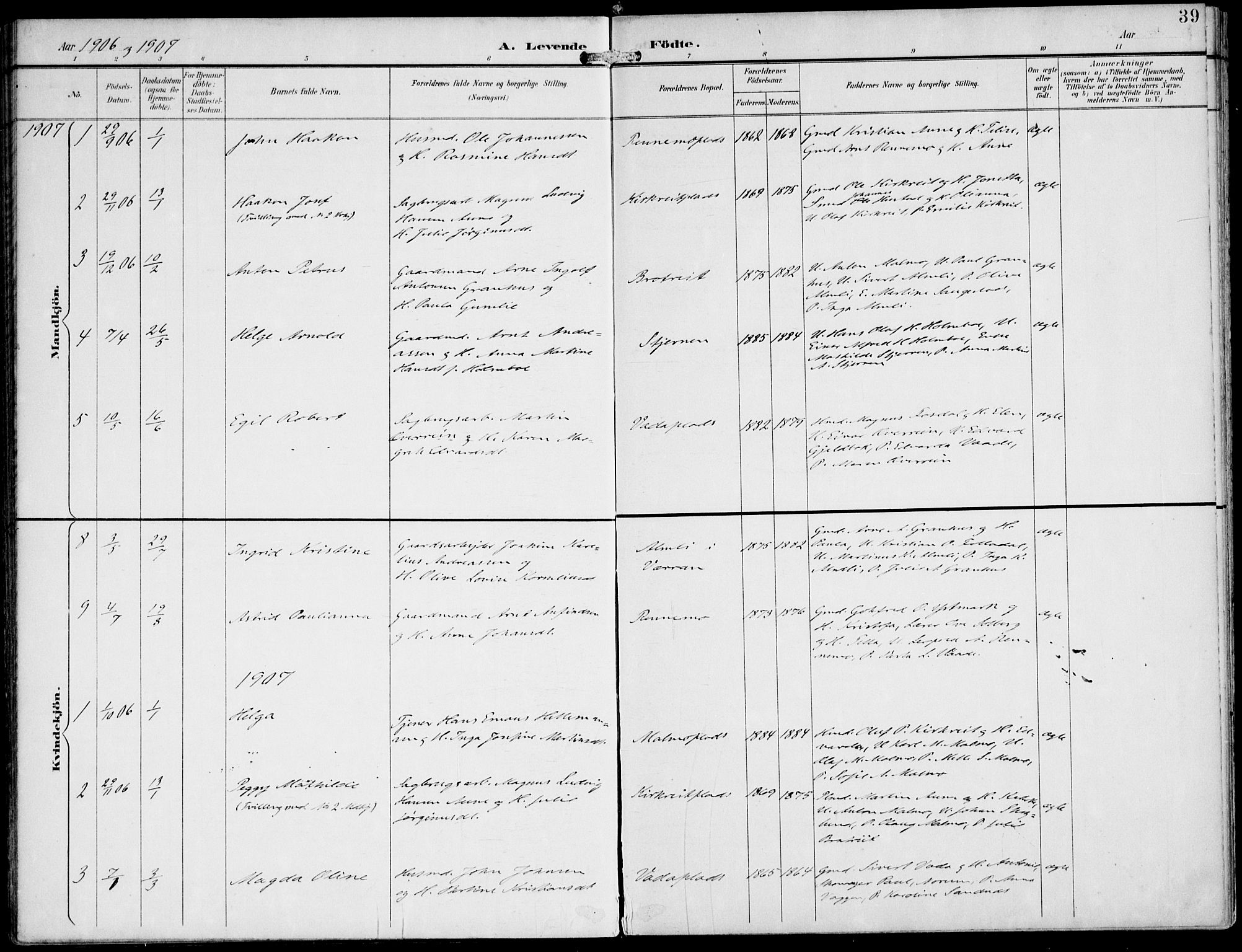 Ministerialprotokoller, klokkerbøker og fødselsregistre - Nord-Trøndelag, AV/SAT-A-1458/745/L0430: Parish register (official) no. 745A02, 1895-1913, p. 39