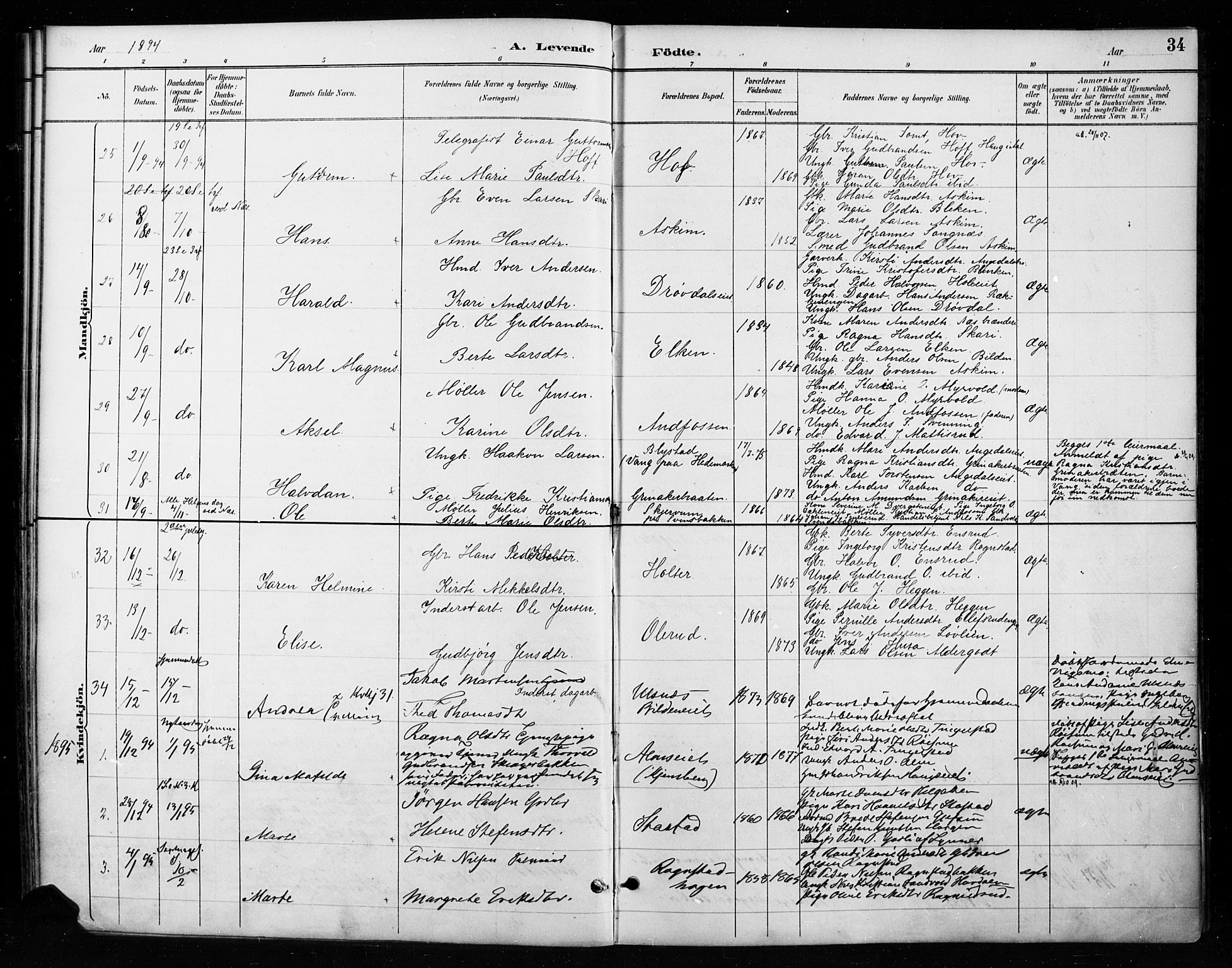 Gran prestekontor, SAH/PREST-112/H/Ha/Haa/L0018: Parish register (official) no. 18, 1889-1899, p. 34