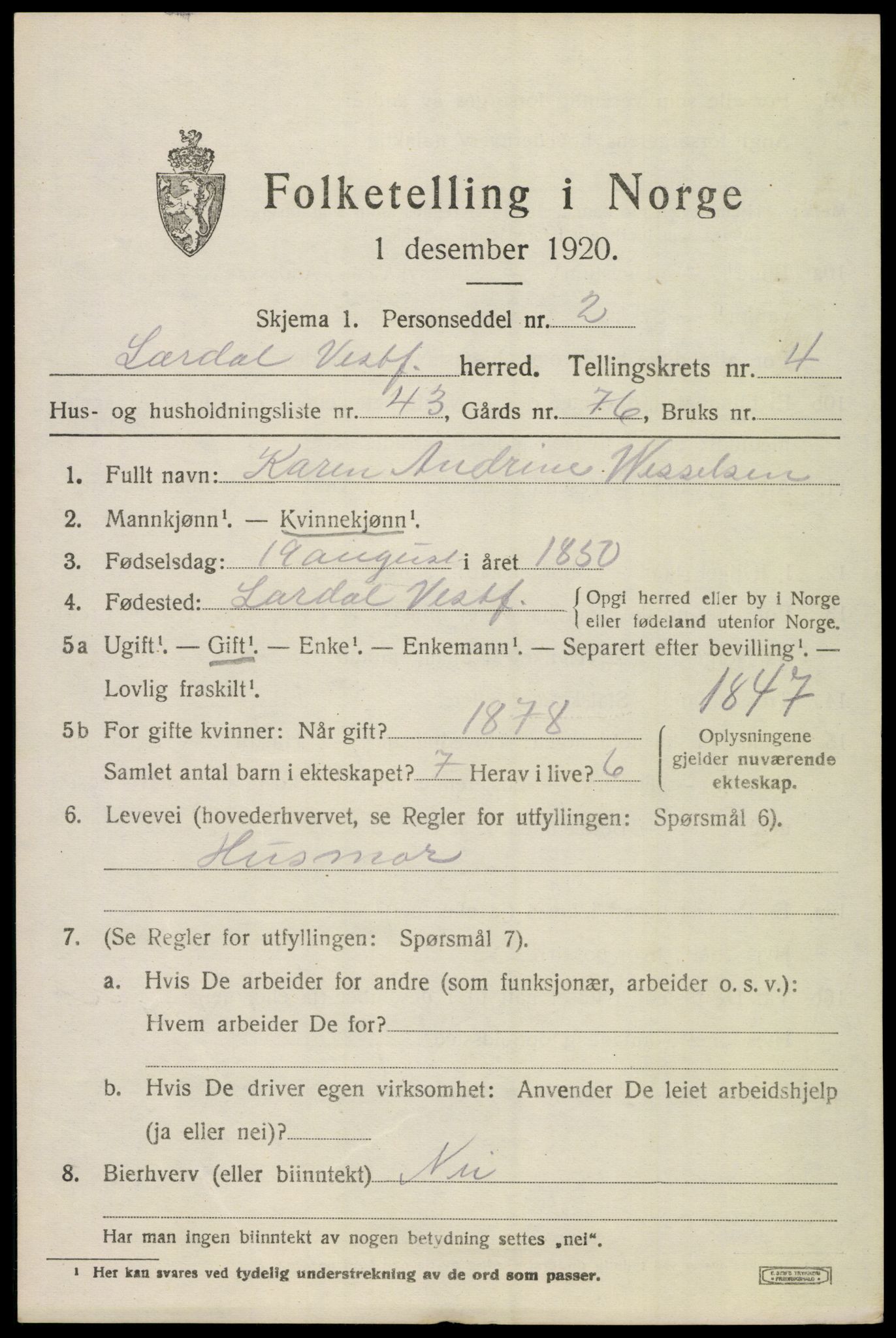 SAKO, 1920 census for Lardal, 1920, p. 4057