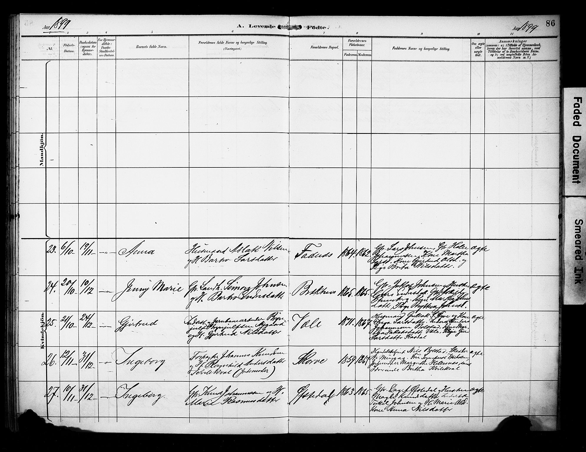 Evanger sokneprestembete, SAB/A-99924: Parish register (official) no. A 2, 1892-1899, p. 86