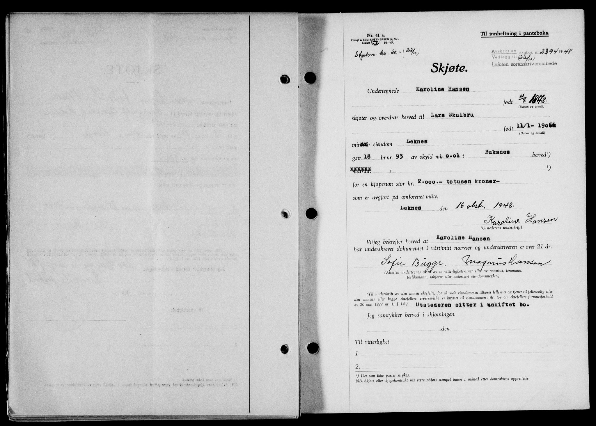 Lofoten sorenskriveri, SAT/A-0017/1/2/2C/L0019a: Mortgage book no. 19a, 1948-1948, Diary no: : 2394/1948