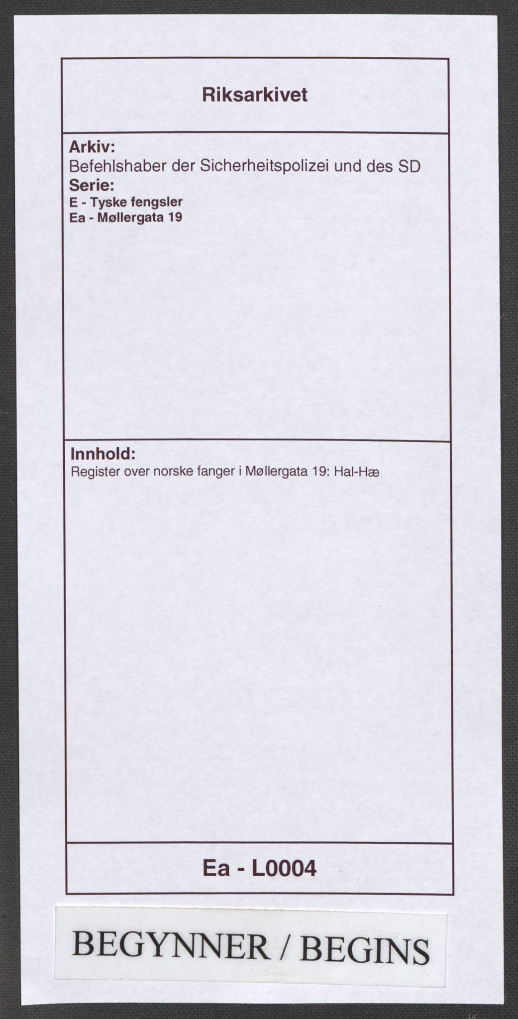 Befehlshaber der Sicherheitspolizei und des SD, RA/RAFA-5969/E/Ea/Eaa/L0004: Register over norske fanger i Møllergata 19: Hal-Hæ, 1940-1945, p. 1