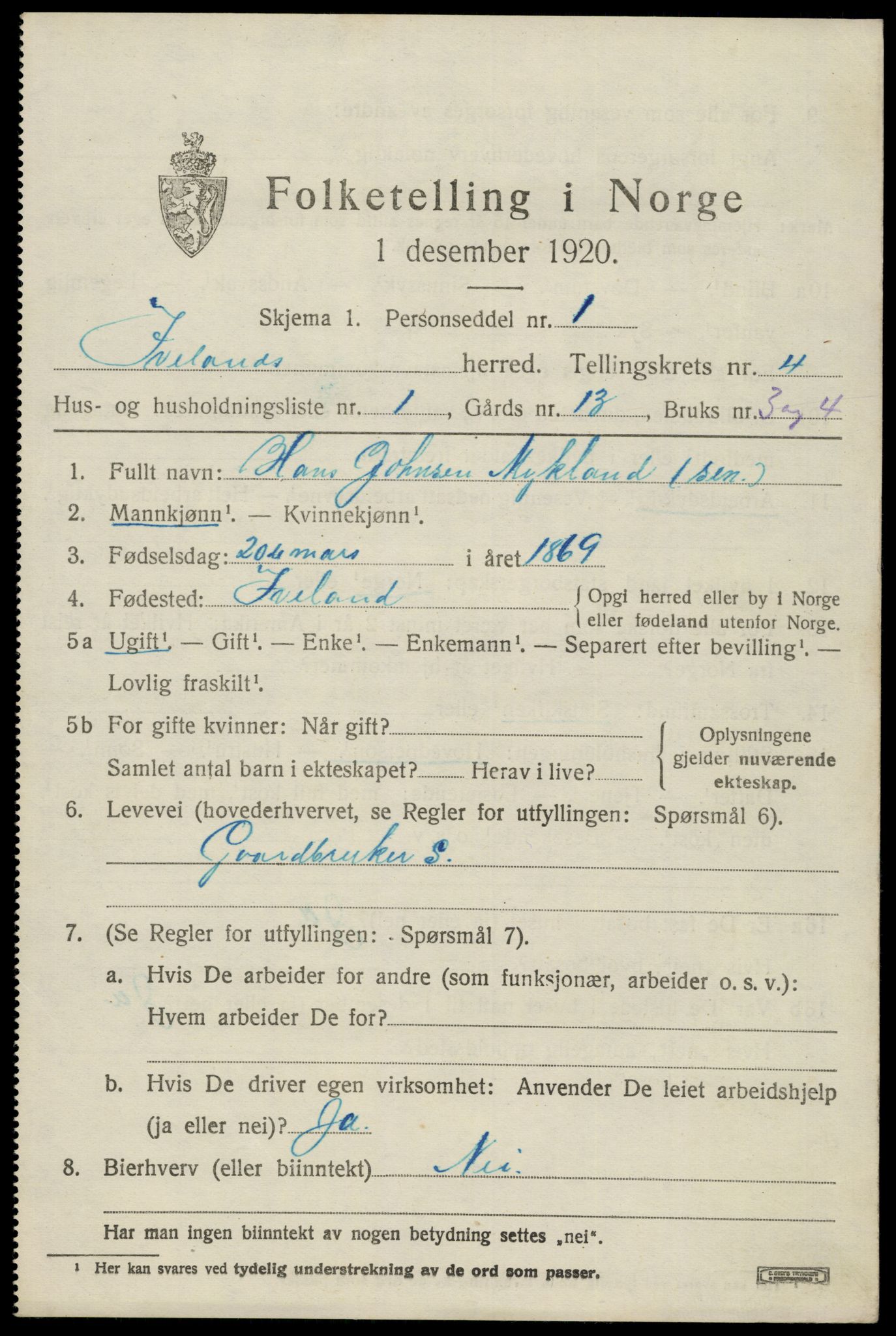 SAK, 1920 census for Iveland, 1920, p. 1307