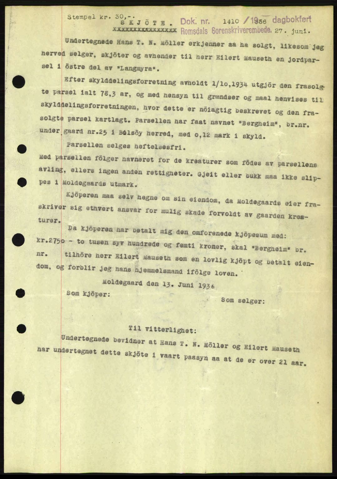 Romsdal sorenskriveri, AV/SAT-A-4149/1/2/2C: Mortgage book no. A1, 1936-1936, Diary no: : 1410/1936