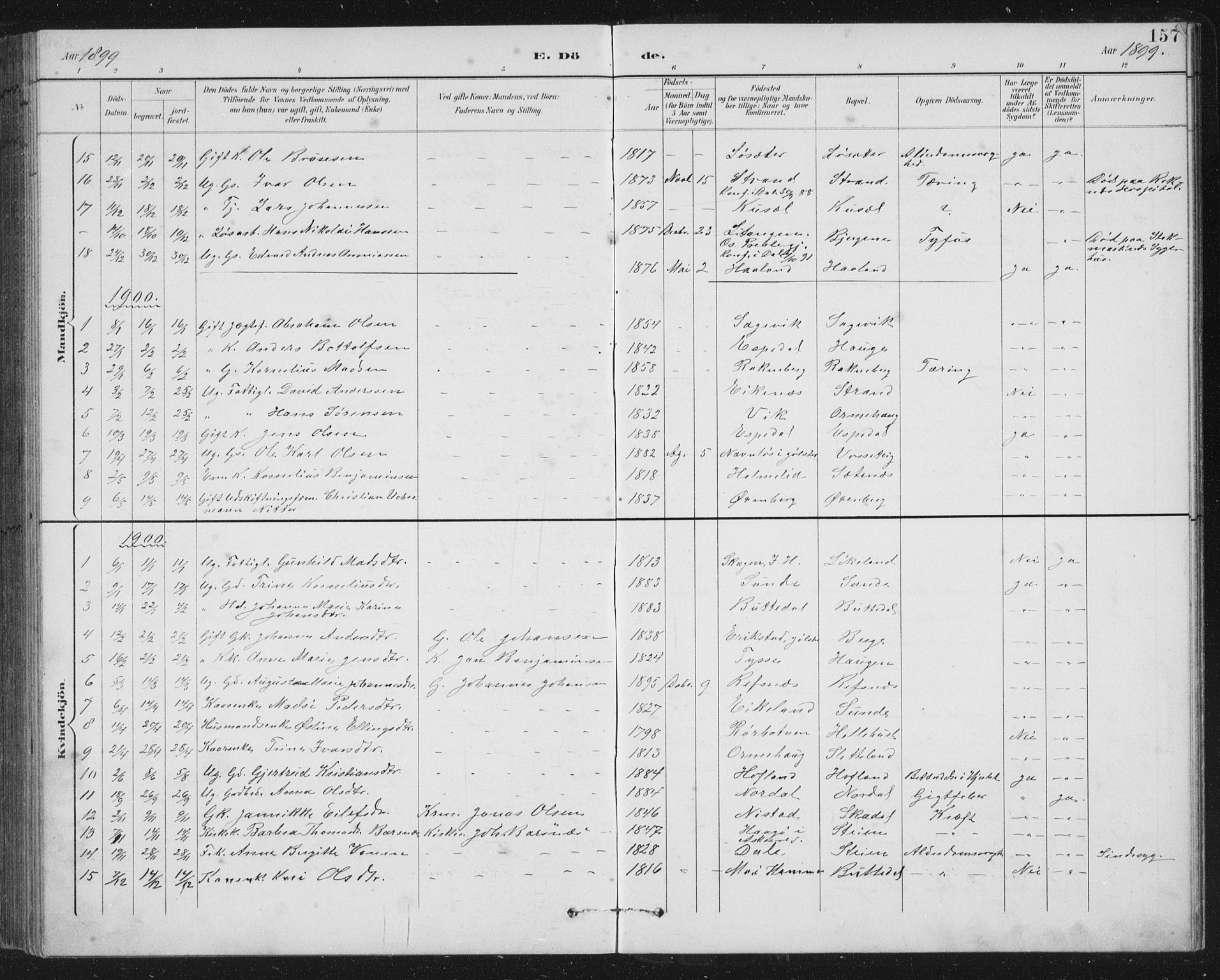 Fjaler sokneprestembete, AV/SAB-A-79801/H/Hab/Habc/L0003: Parish register (copy) no. C 3, 1894-1917, p. 157