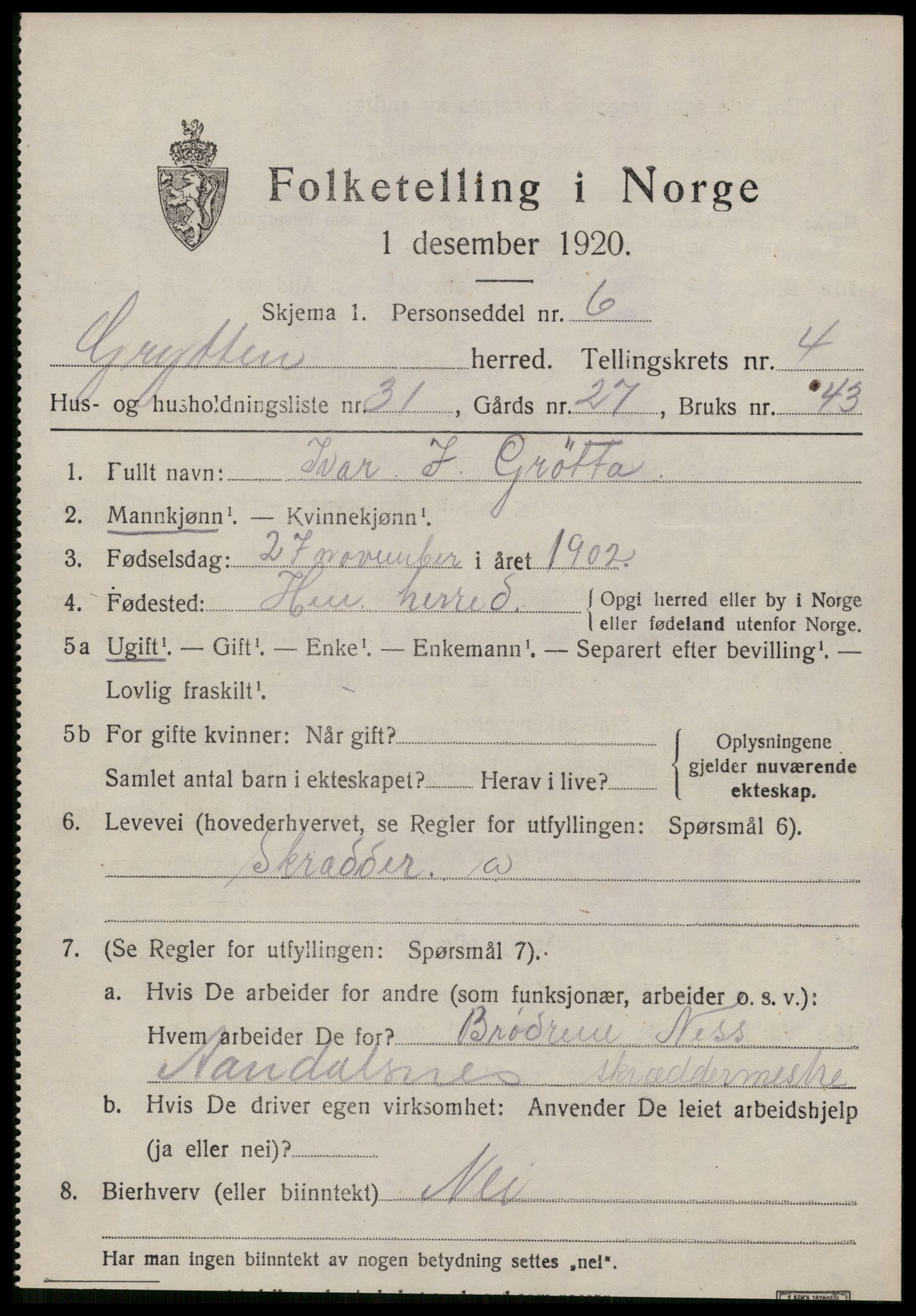 SAT, 1920 census for Grytten, 1920, p. 3158