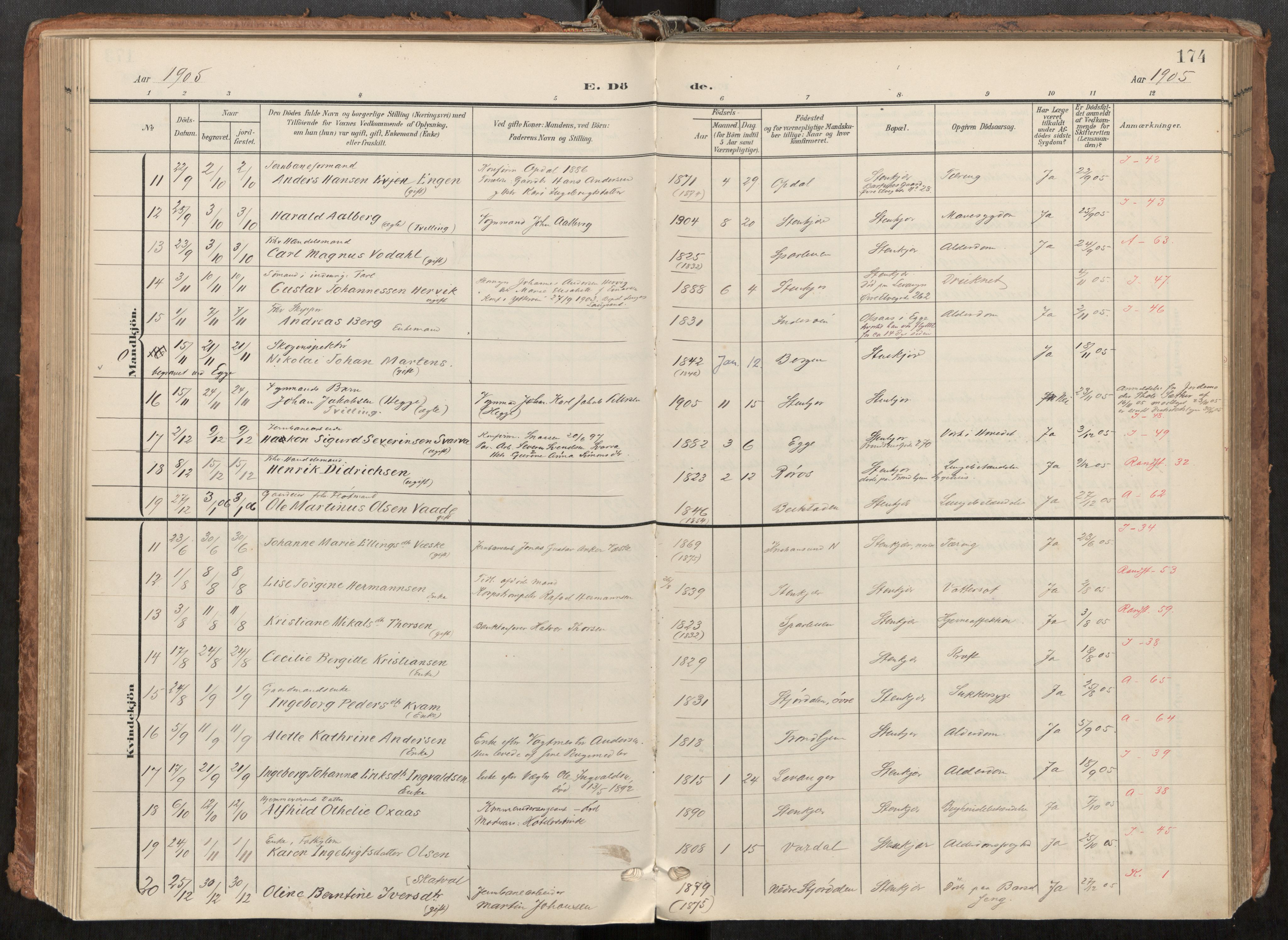 Steinkjer sokneprestkontor, SAT/A-1541/01/H/Ha/Haa/L0001: Parish register (official) no. 1, 1904-1912, p. 174