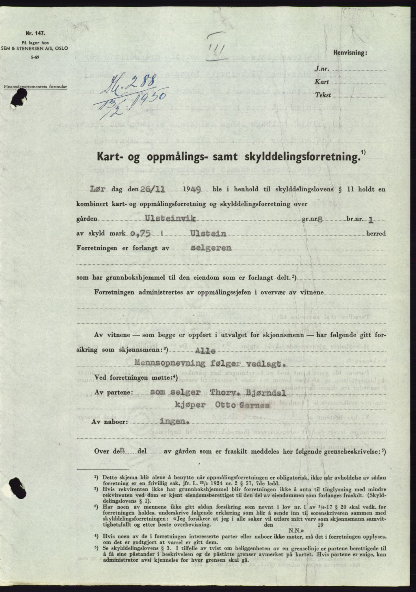 Søre Sunnmøre sorenskriveri, AV/SAT-A-4122/1/2/2C/L0086: Mortgage book no. 12A, 1949-1950, Diary no: : 288/1950