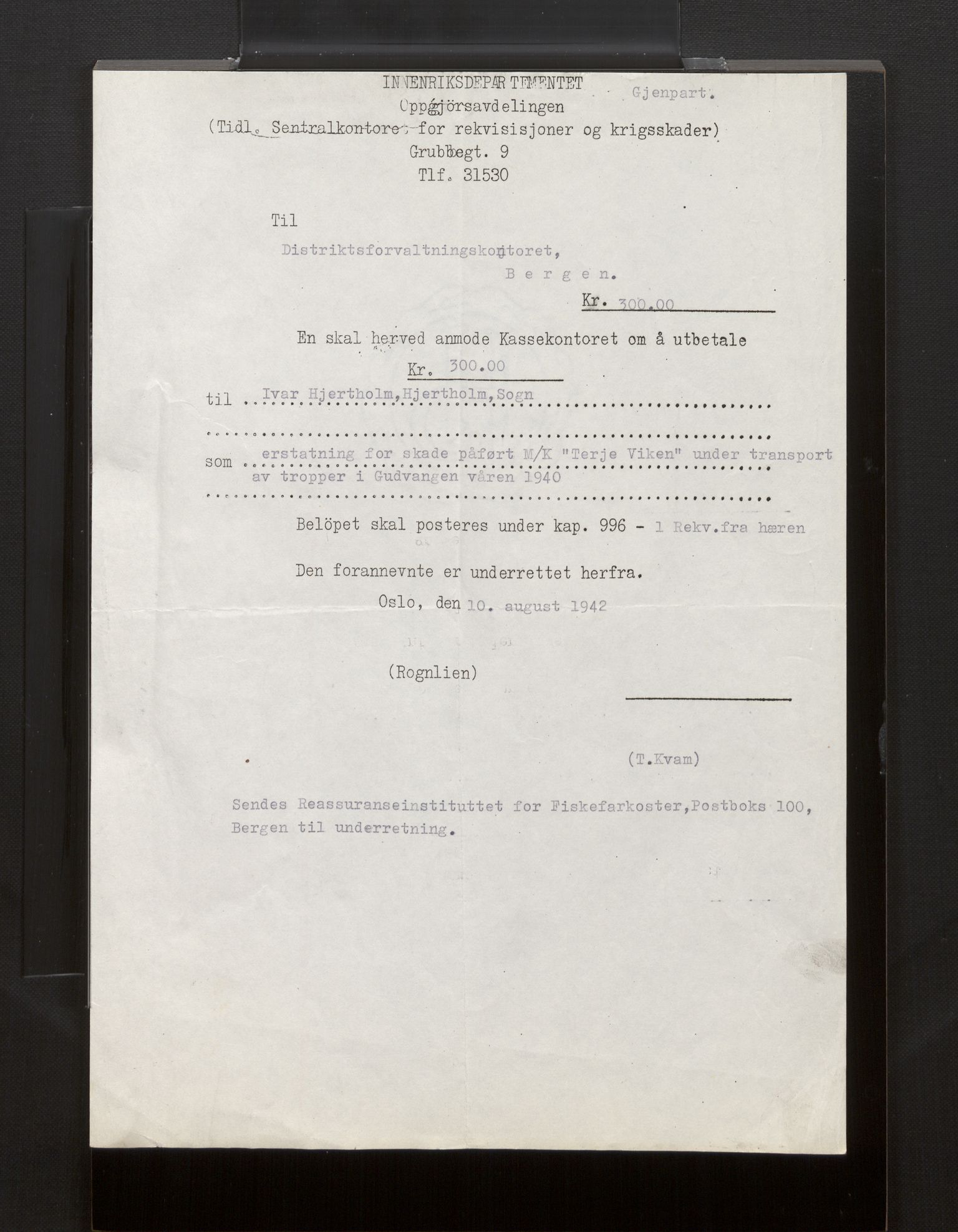 Fiskeridirektoratet - 1 Adm. ledelse - 13 Båtkontoret, AV/SAB-A-2003/La/L0008: Statens krigsforsikring for fiskeflåten, 1936-1971, p. 122