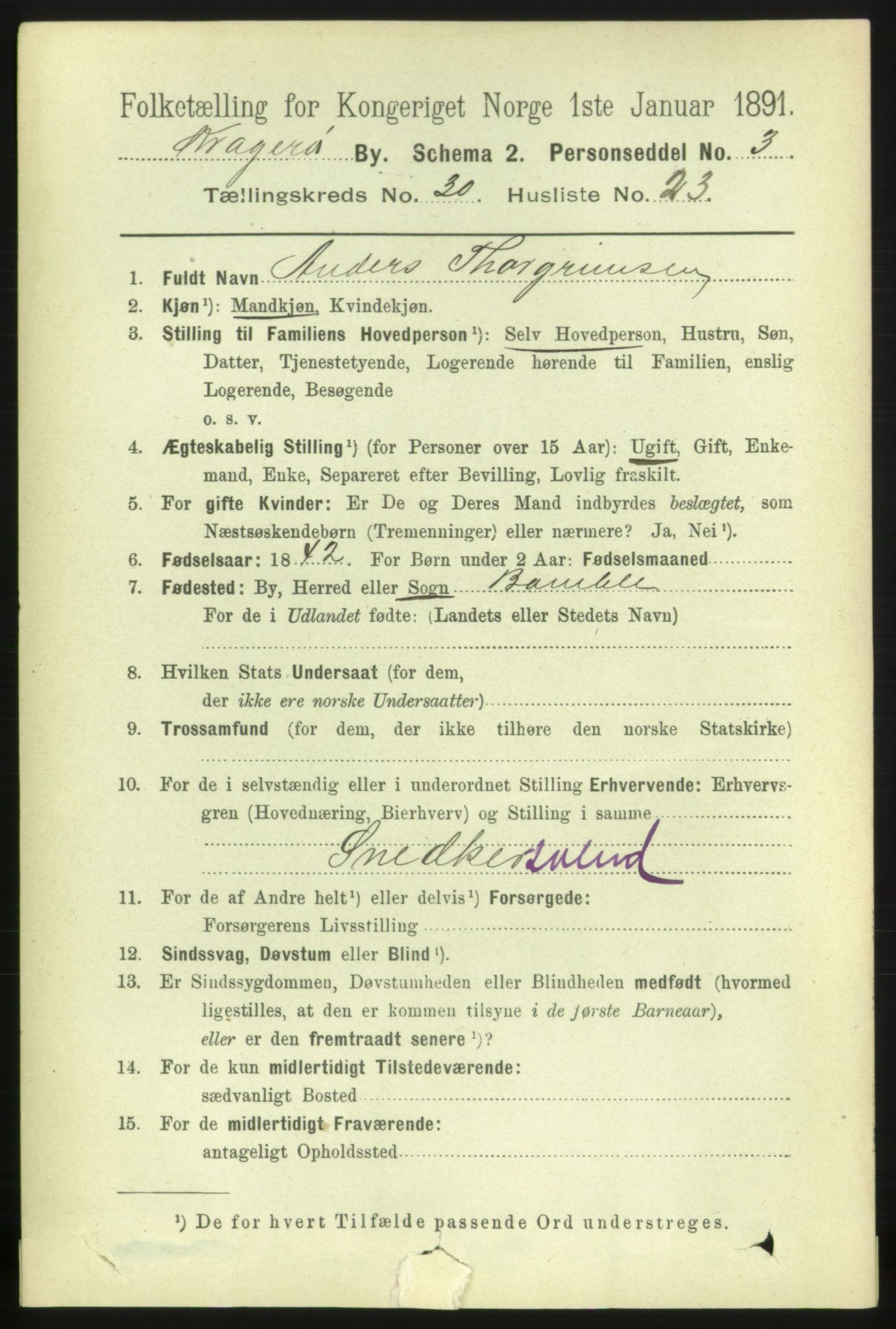 RA, 1891 census for 0801 Kragerø, 1891, p. 5706