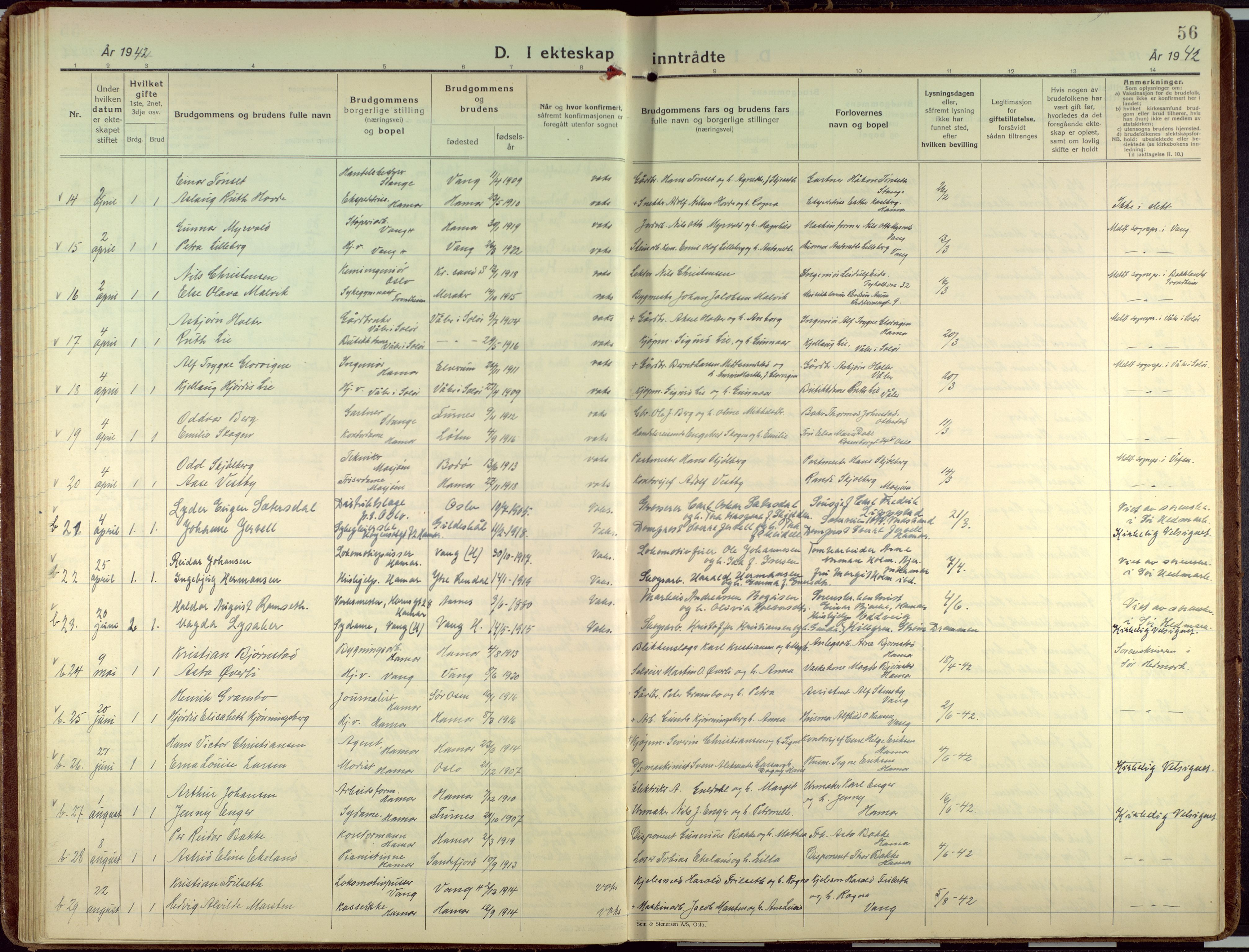 Hamar prestekontor, AV/SAH-DOMPH-002/H/Ha/Haa/L0006: Parish register (official) no. 6, 1931-1953, p. 56