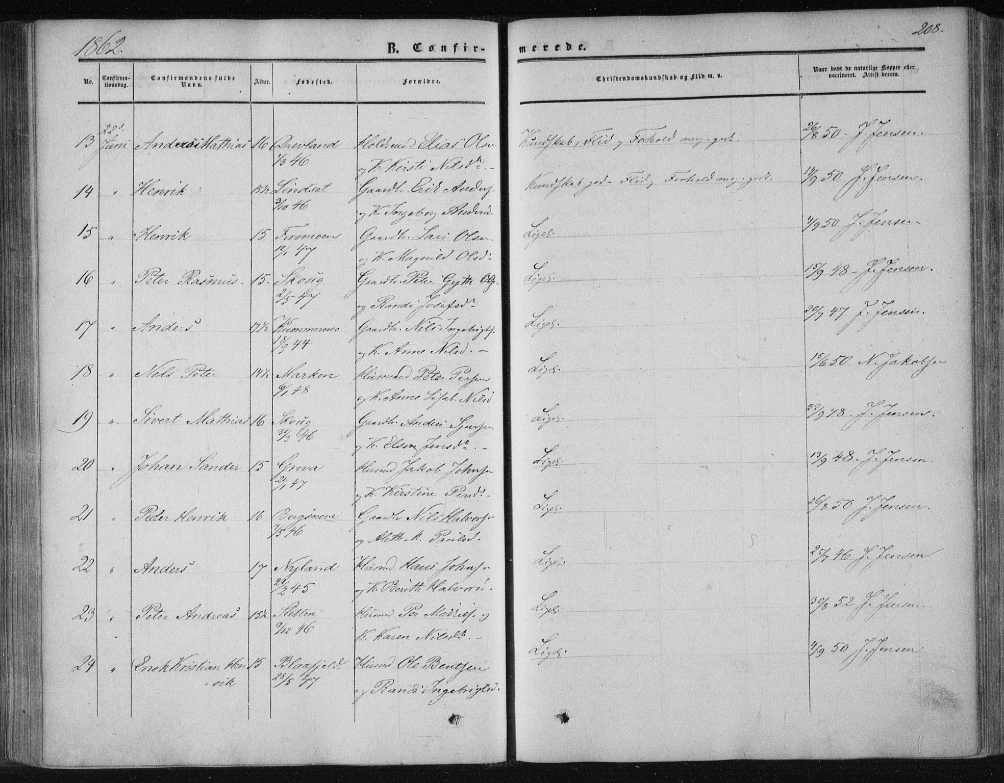 Ministerialprotokoller, klokkerbøker og fødselsregistre - Nordland, AV/SAT-A-1459/820/L0293: Parish register (official) no. 820A14, 1855-1865, p. 208