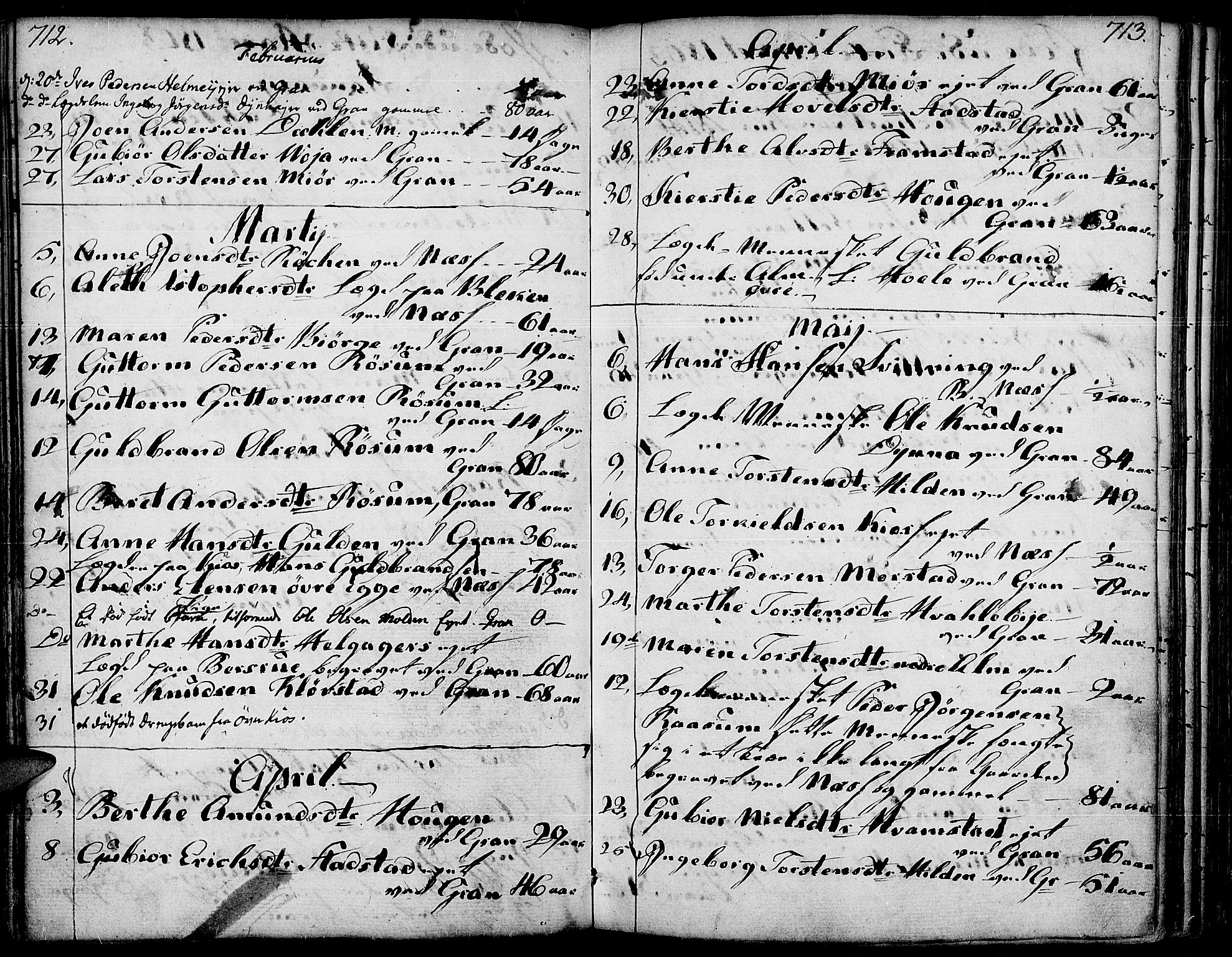 Gran prestekontor, SAH/PREST-112/H/Ha/Haa/L0006: Parish register (official) no. 6, 1787-1824, p. 712-713