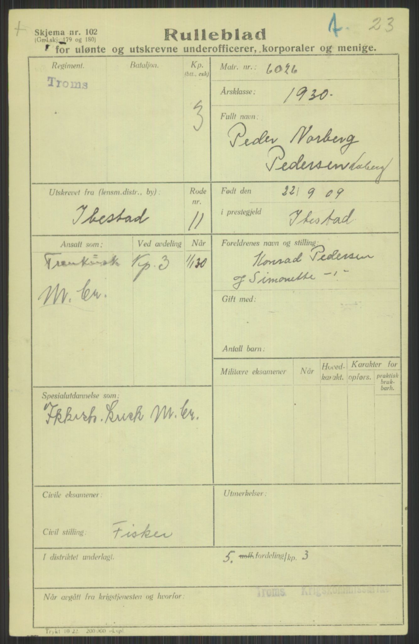 Forsvaret, Troms infanteriregiment nr. 16, AV/RA-RAFA-3146/P/Pa/L0014: Rulleblad for regimentets menige mannskaper, årsklasse 1930, 1930, p. 877