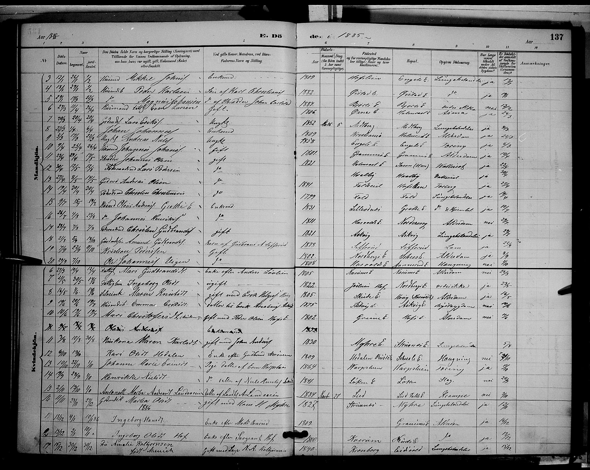 Søndre Land prestekontor, AV/SAH-PREST-122/L/L0002: Parish register (copy) no. 2, 1884-1900, p. 137