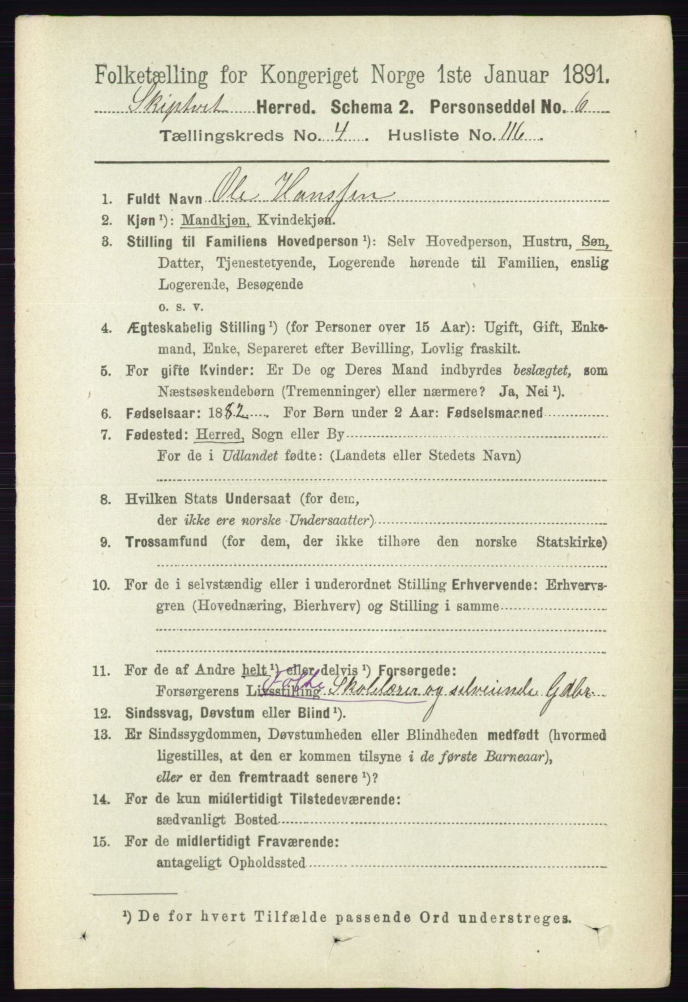 RA, 1891 census for 0127 Skiptvet, 1891, p. 2567