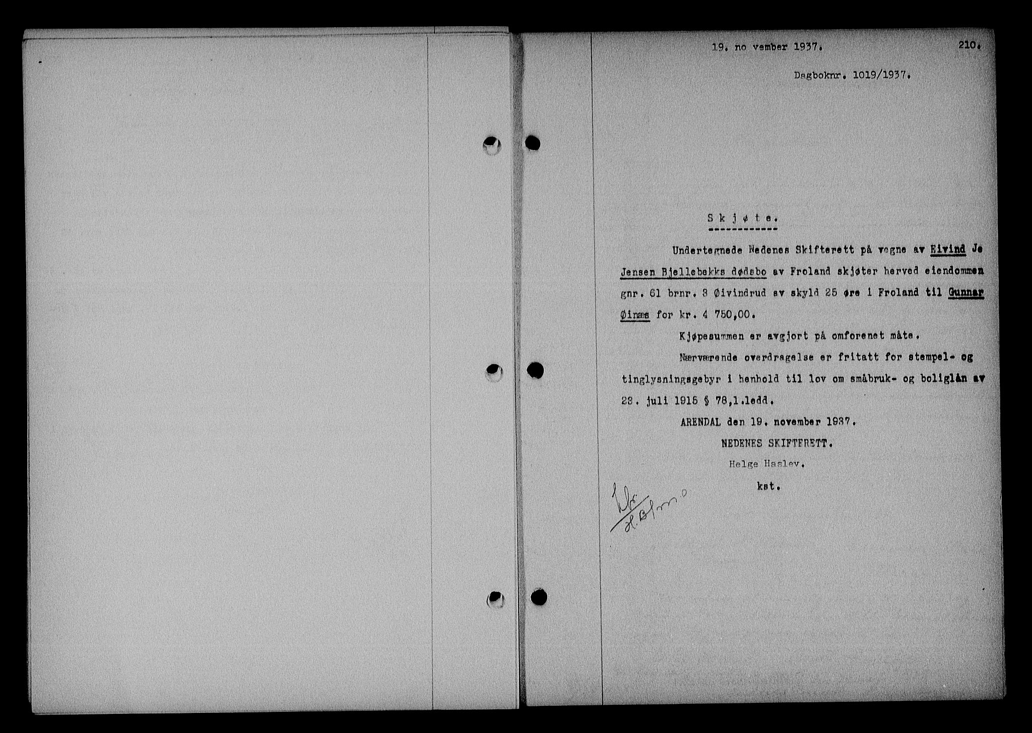 Nedenes sorenskriveri, SAK/1221-0006/G/Gb/Gba/L0044: Mortgage book no. 40, 1937-1938, Diary no: : 1019/1937