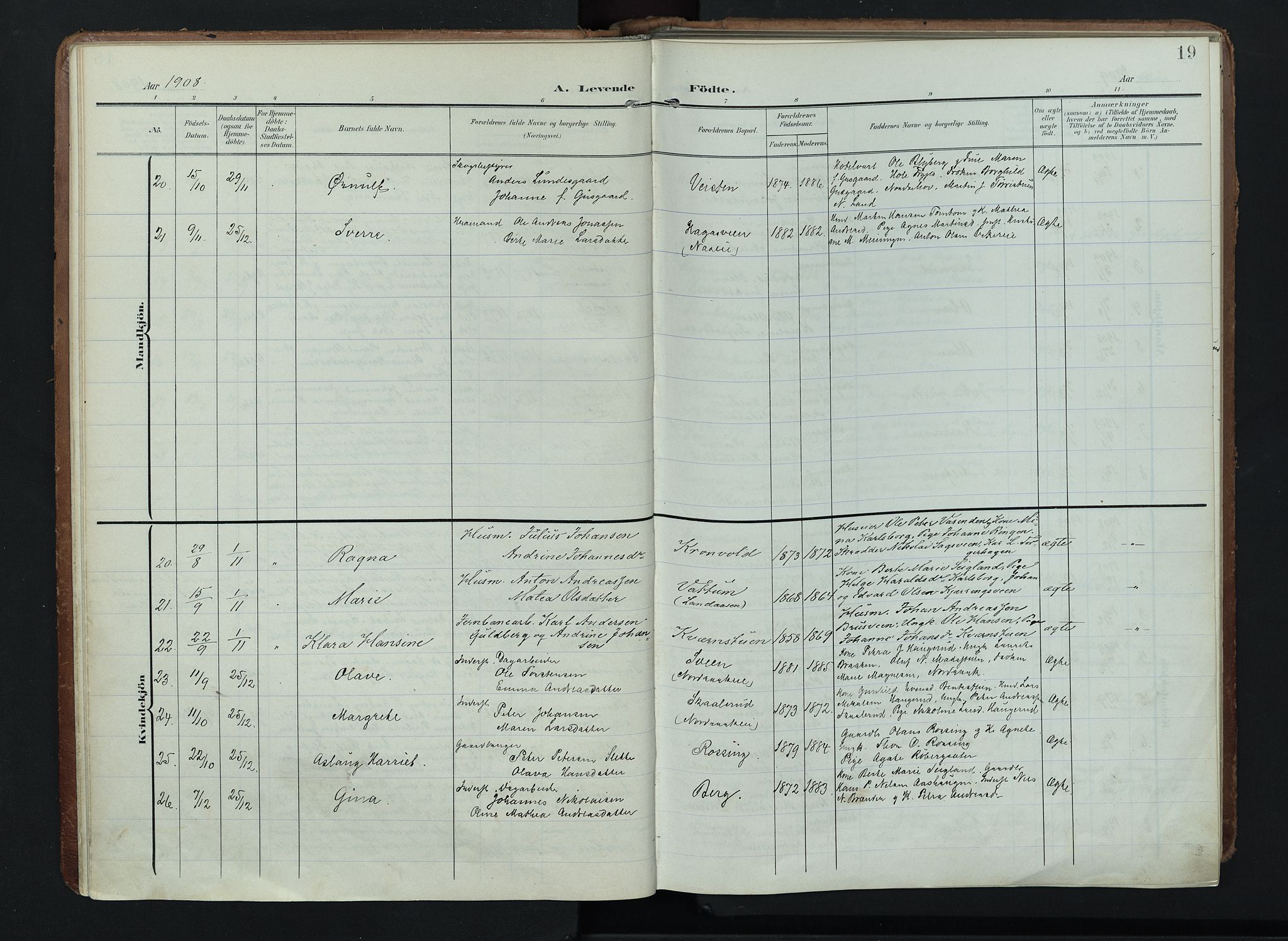 Søndre Land prestekontor, SAH/PREST-122/K/L0005: Parish register (official) no. 5, 1905-1914, p. 19