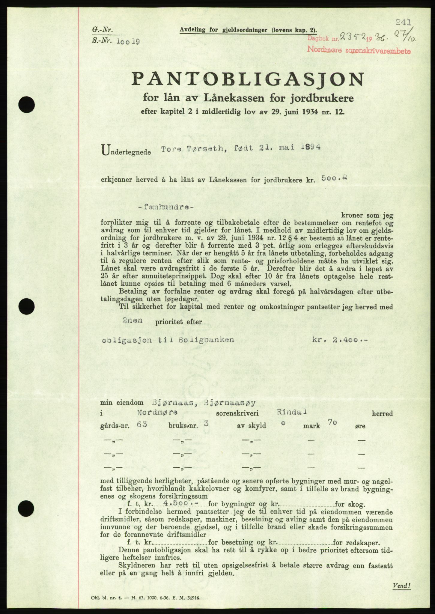 Nordmøre sorenskriveri, AV/SAT-A-4132/1/2/2Ca/L0090: Mortgage book no. B80, 1936-1937, Diary no: : 2352/1936