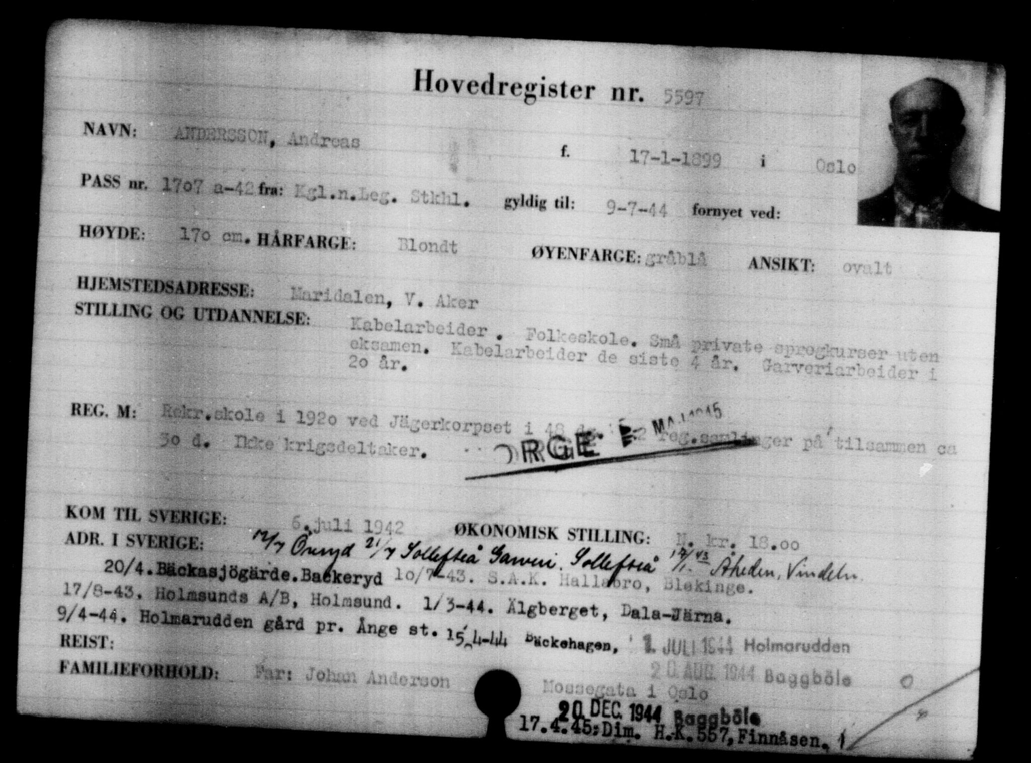 Utenriksstasjonene, Legasjonen i Stockholm, Flyktningkontoret, AV/RA-S-6753/V/Va/L0004: Kjesäterkartoteket, flyktninger med registreringsnr. 3496-6610, 1940-1945, p. 2436