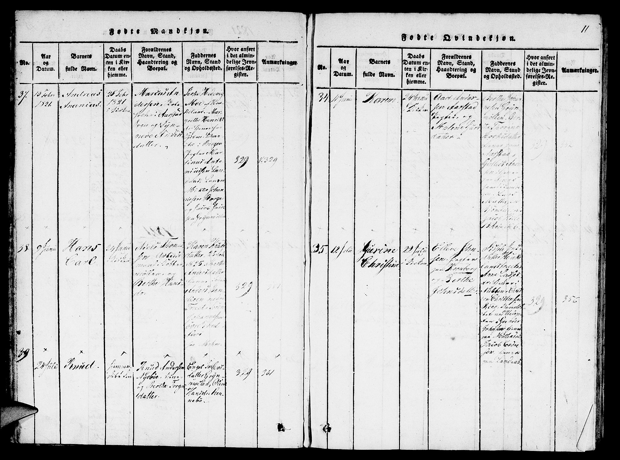 St. Jørgens hospital og Årstad sokneprestembete, AV/SAB-A-99934: Parish register (copy) no. A 1, 1816-1843, p. 11