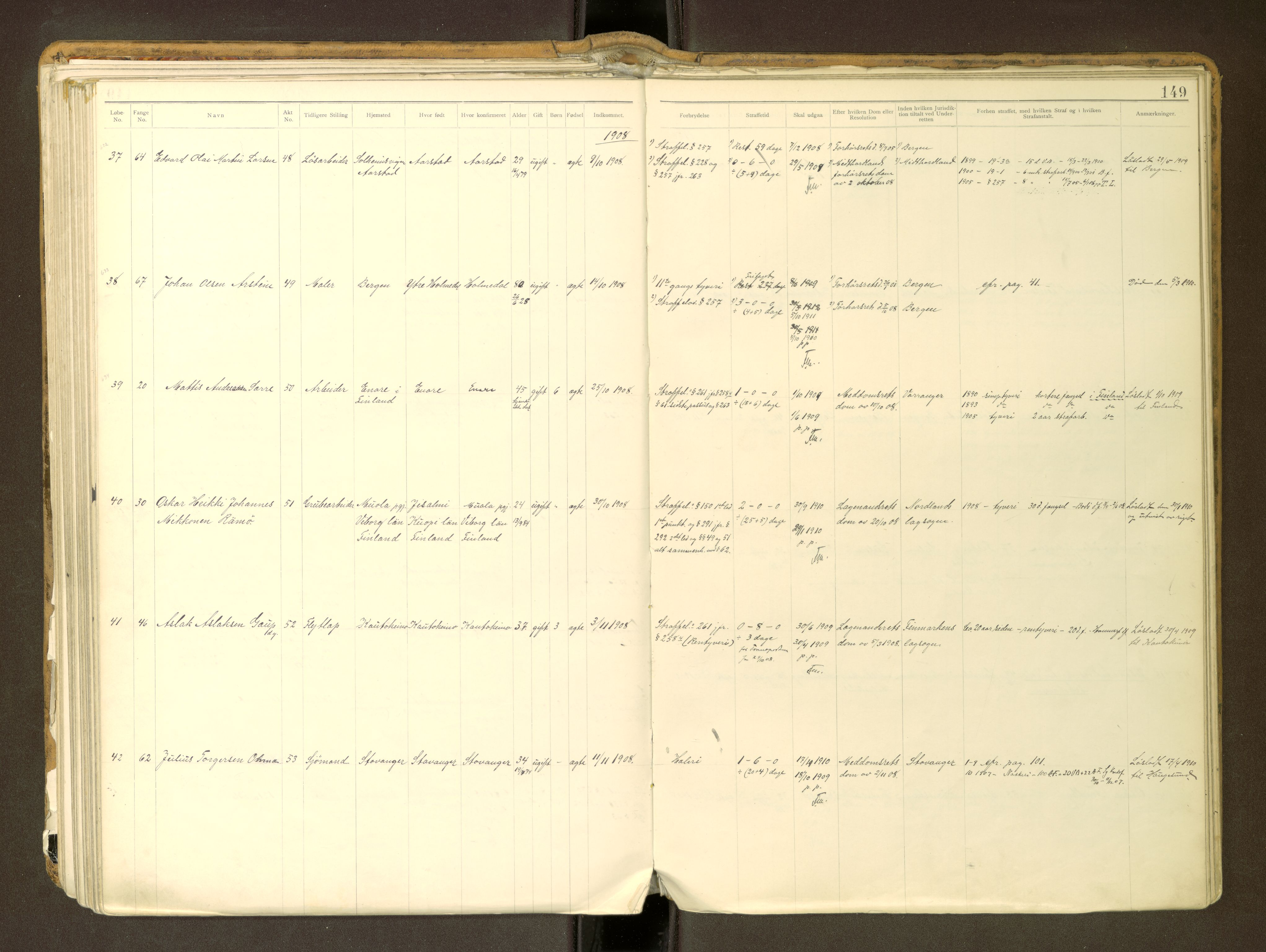 Trondheim tukthus, AV/SAT-A-4619/05/65/L0037: 65.37 Fangeprotokoll m/reg, 1898-1914, p. 149