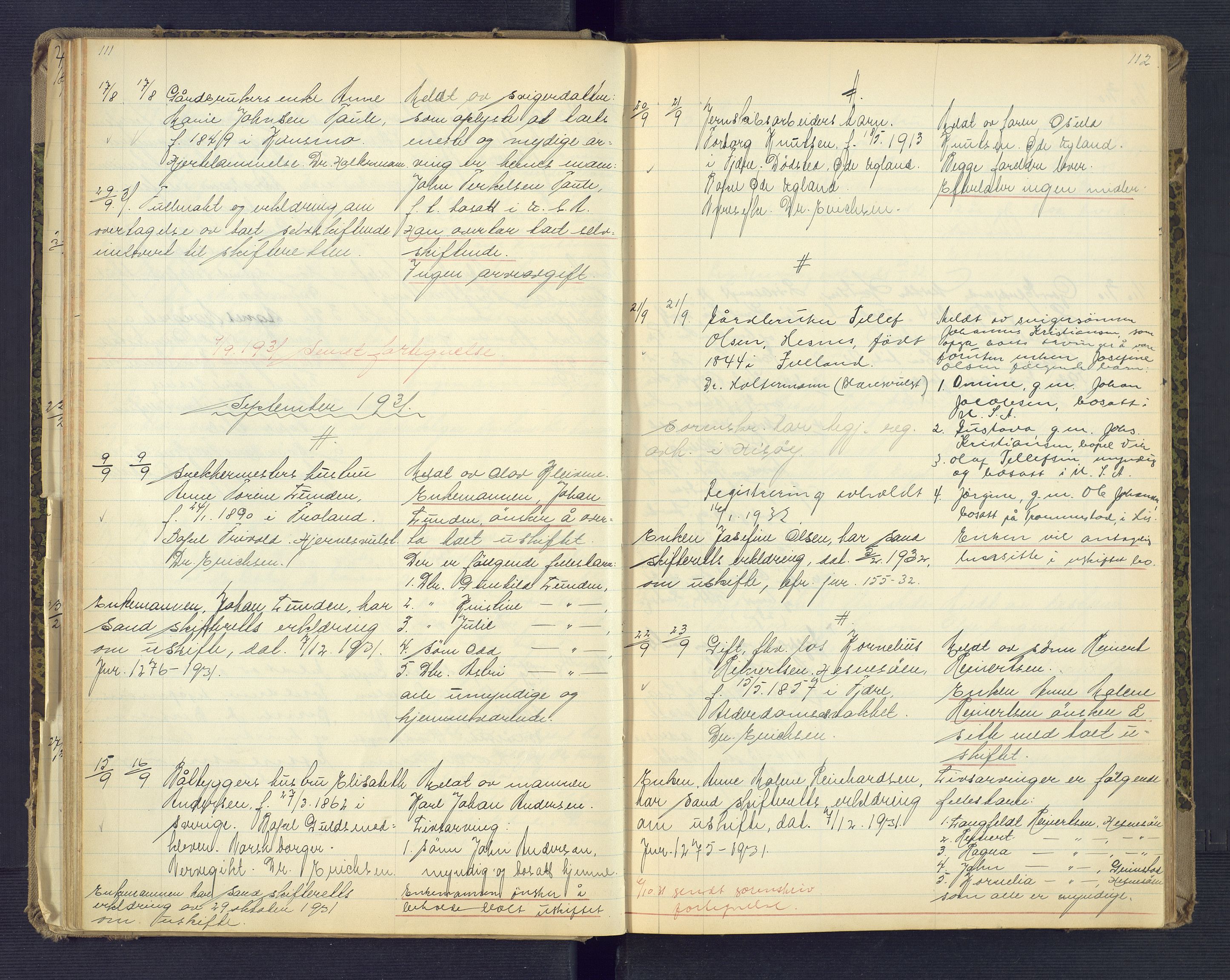 Landvik og Fjære lensmannskontor, SAK/1241-0027/F/Fe/L0003: Anmeldte dødsfall nr 32, 1926-1935, p. 111-112