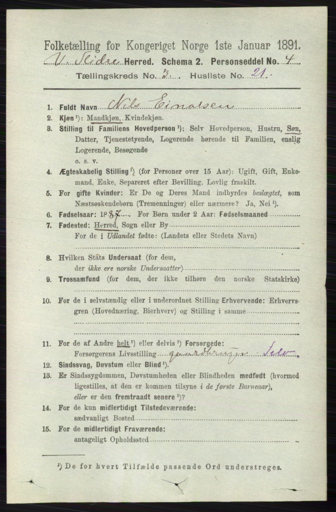 RA, 1891 census for 0543 Vestre Slidre, 1891, p. 977