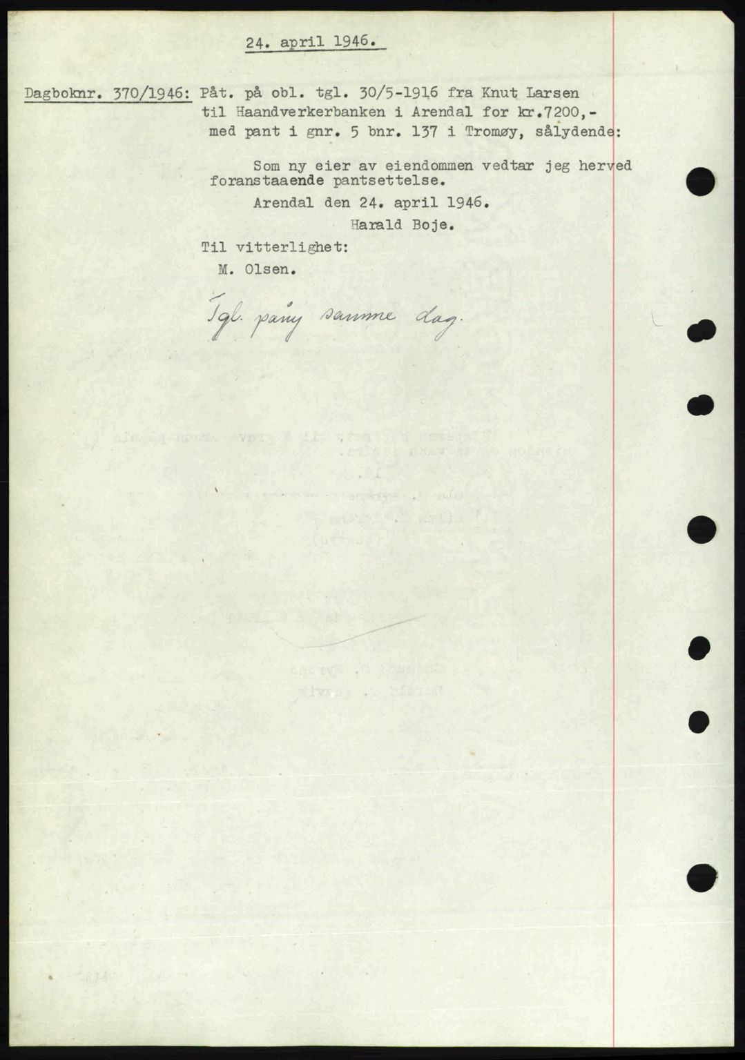 Nedenes sorenskriveri, SAK/1221-0006/G/Gb/Gba/L0054: Mortgage book no. A6c, 1946-1946, Diary no: : 370/1946