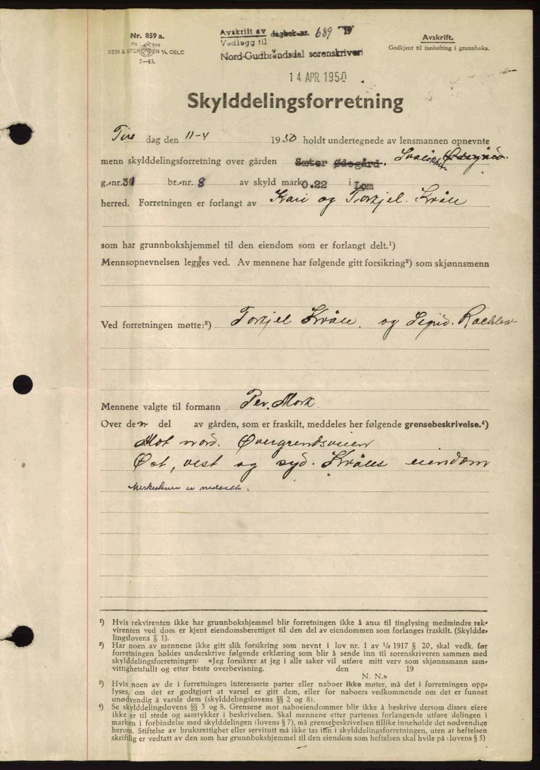 Nord-Gudbrandsdal tingrett, AV/SAH-TING-002/H/Hb/Hbb/L0025: Mortgage book no. FA25, 1950-1950, Diary no: : 689/1950