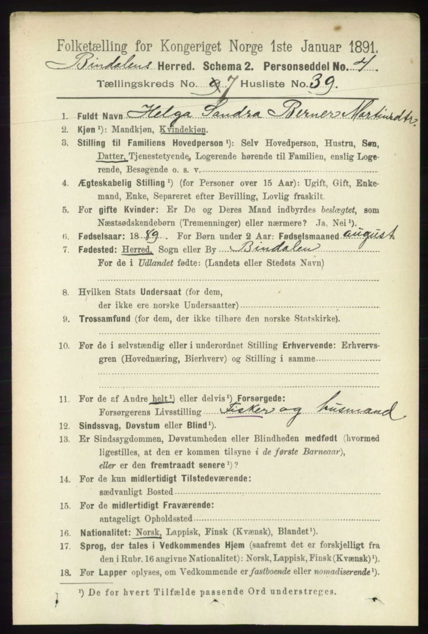 RA, 1891 census for 1811 Bindal, 1891, p. 2505