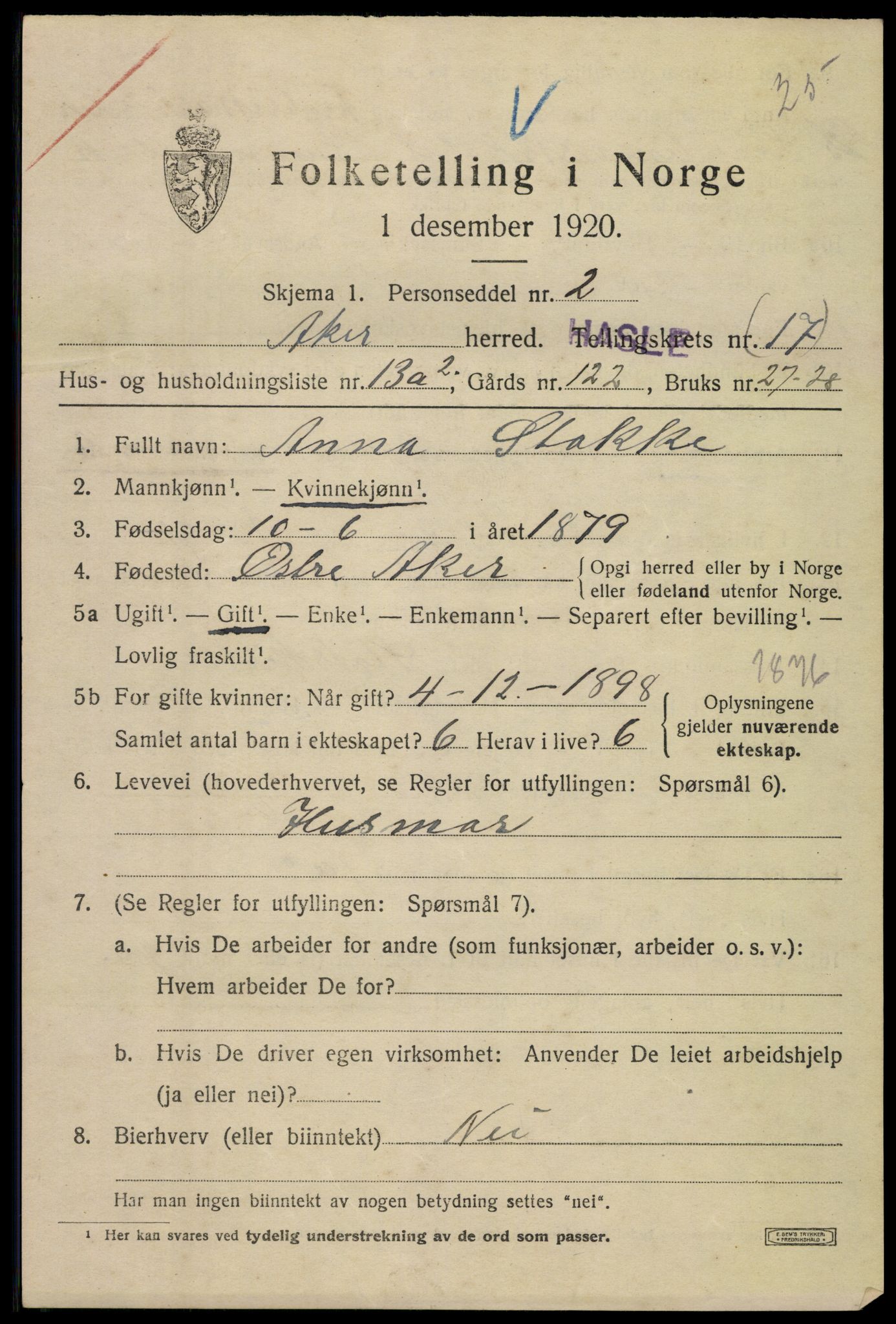 SAO, 1920 census for Aker, 1920, p. 106312
