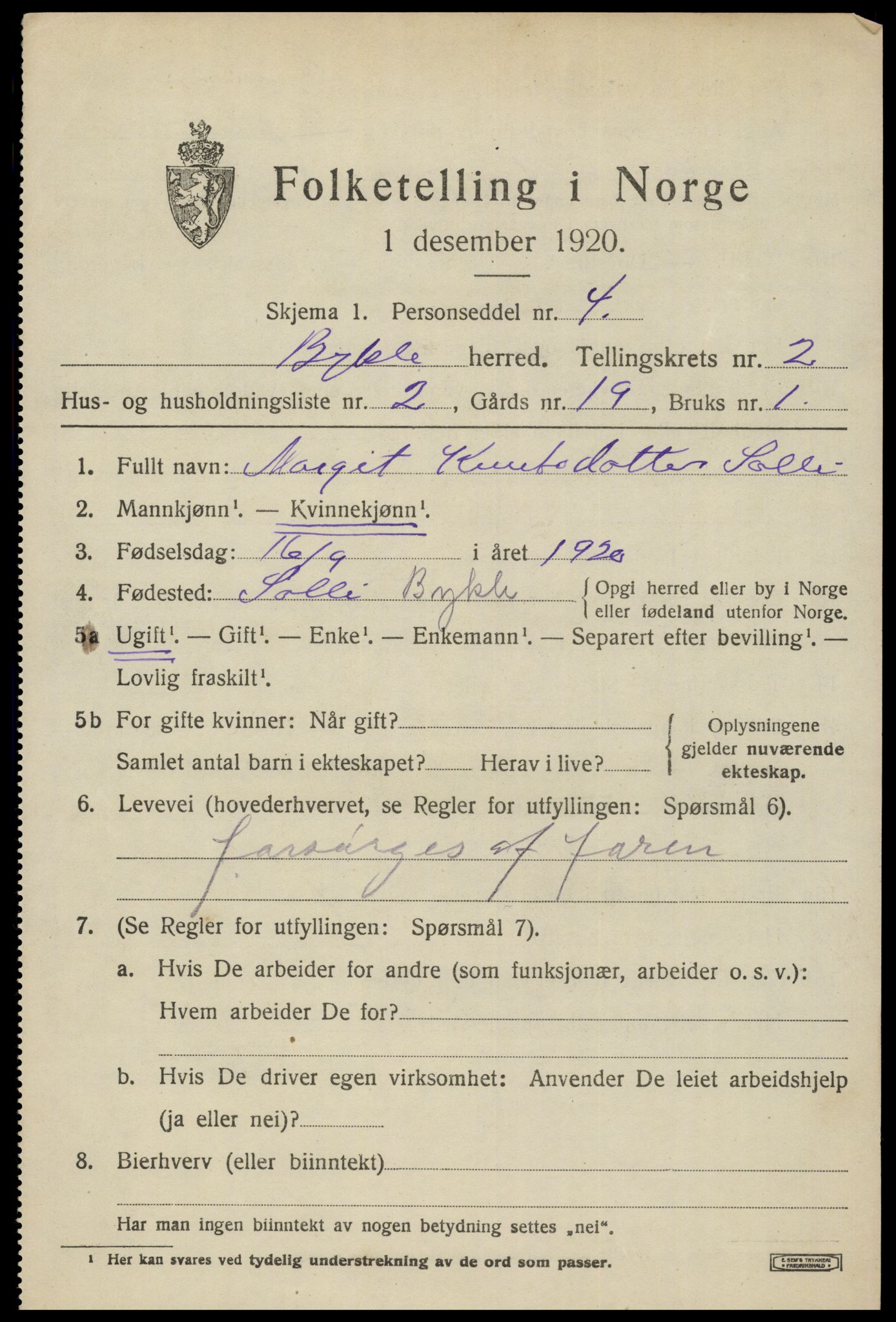 SAK, 1920 census for Bykle, 1920, p. 609