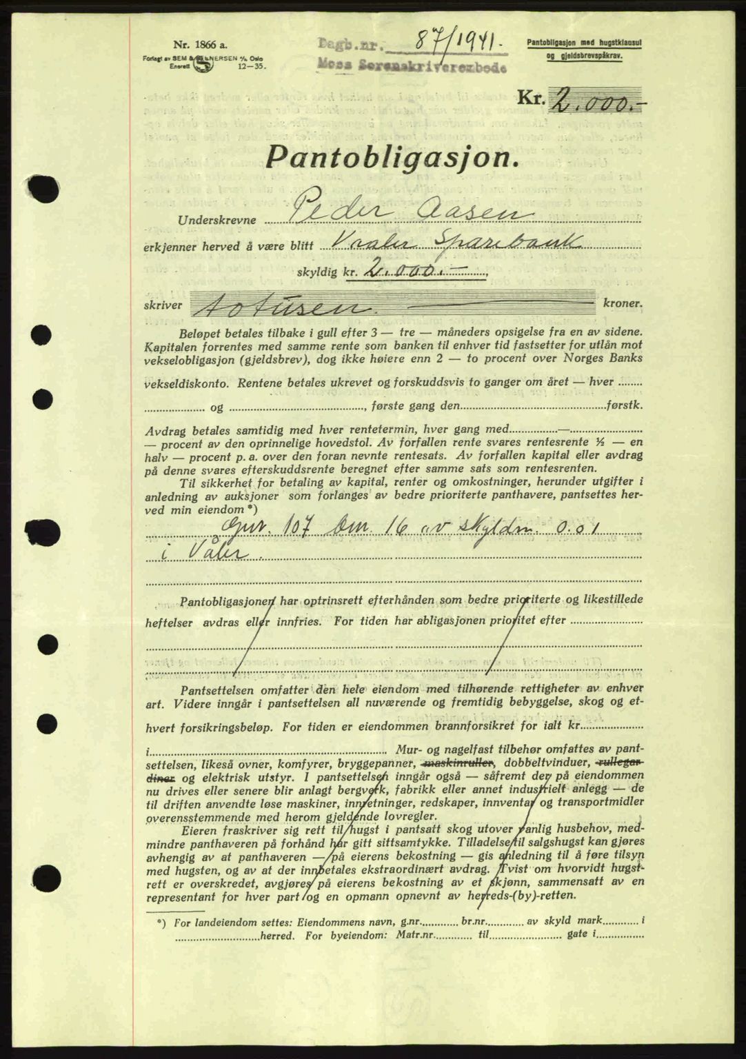 Moss sorenskriveri, SAO/A-10168: Mortgage book no. B10, 1940-1941, Diary no: : 87/1941