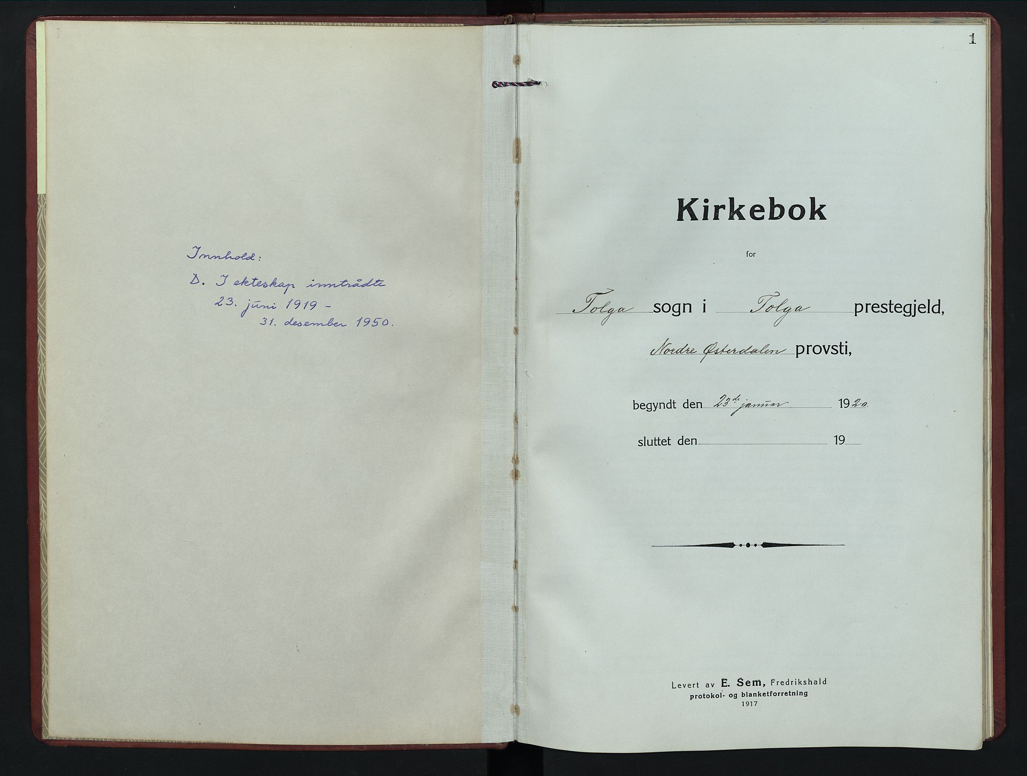 Tolga prestekontor, AV/SAH-PREST-062/L/L0017: Parish register (copy) no. 17, 1919-1950, p. 1