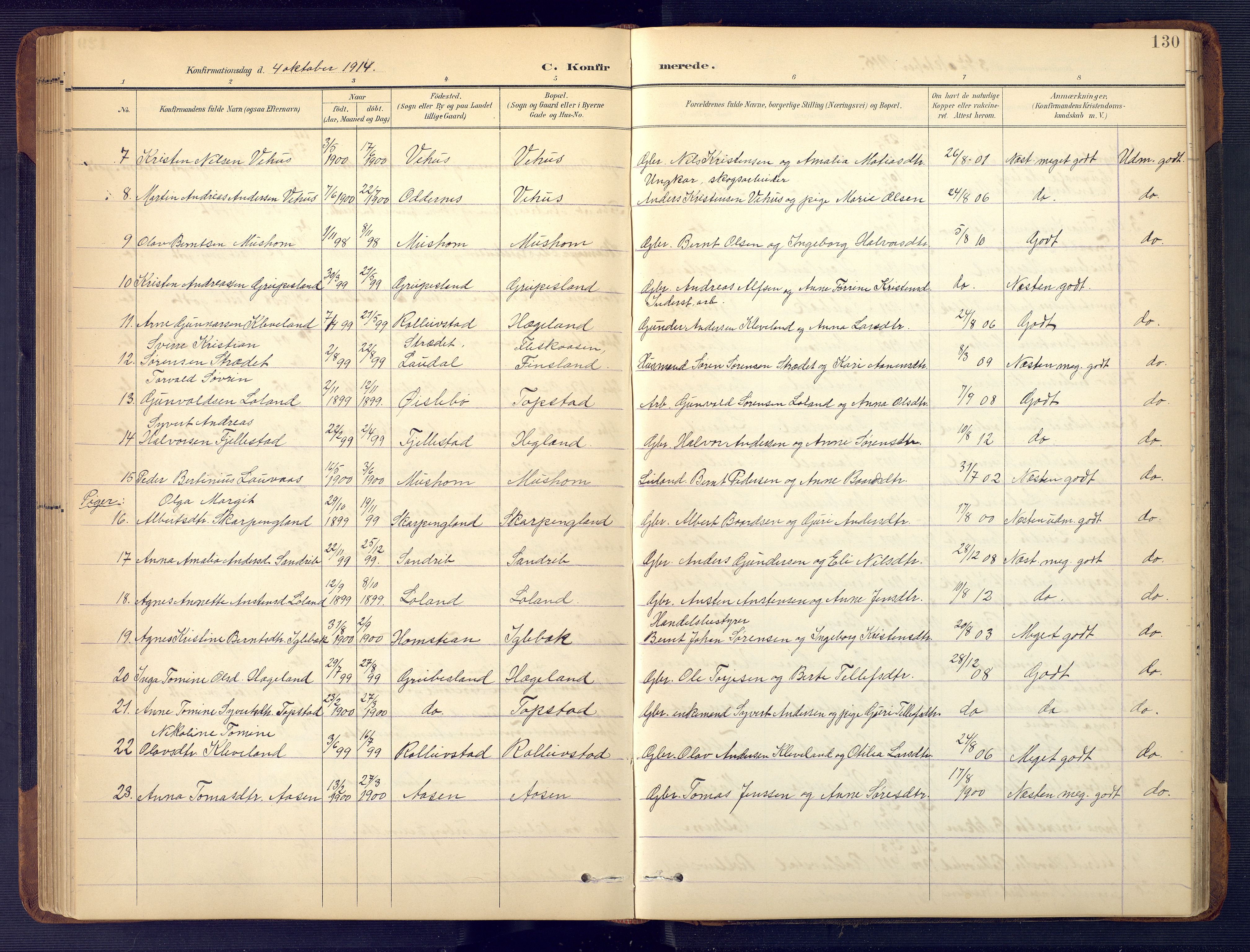 Vennesla sokneprestkontor, AV/SAK-1111-0045/Fb/Fbc/L0003: Parish register (copy) no. B 3, 1895-1946, p. 130