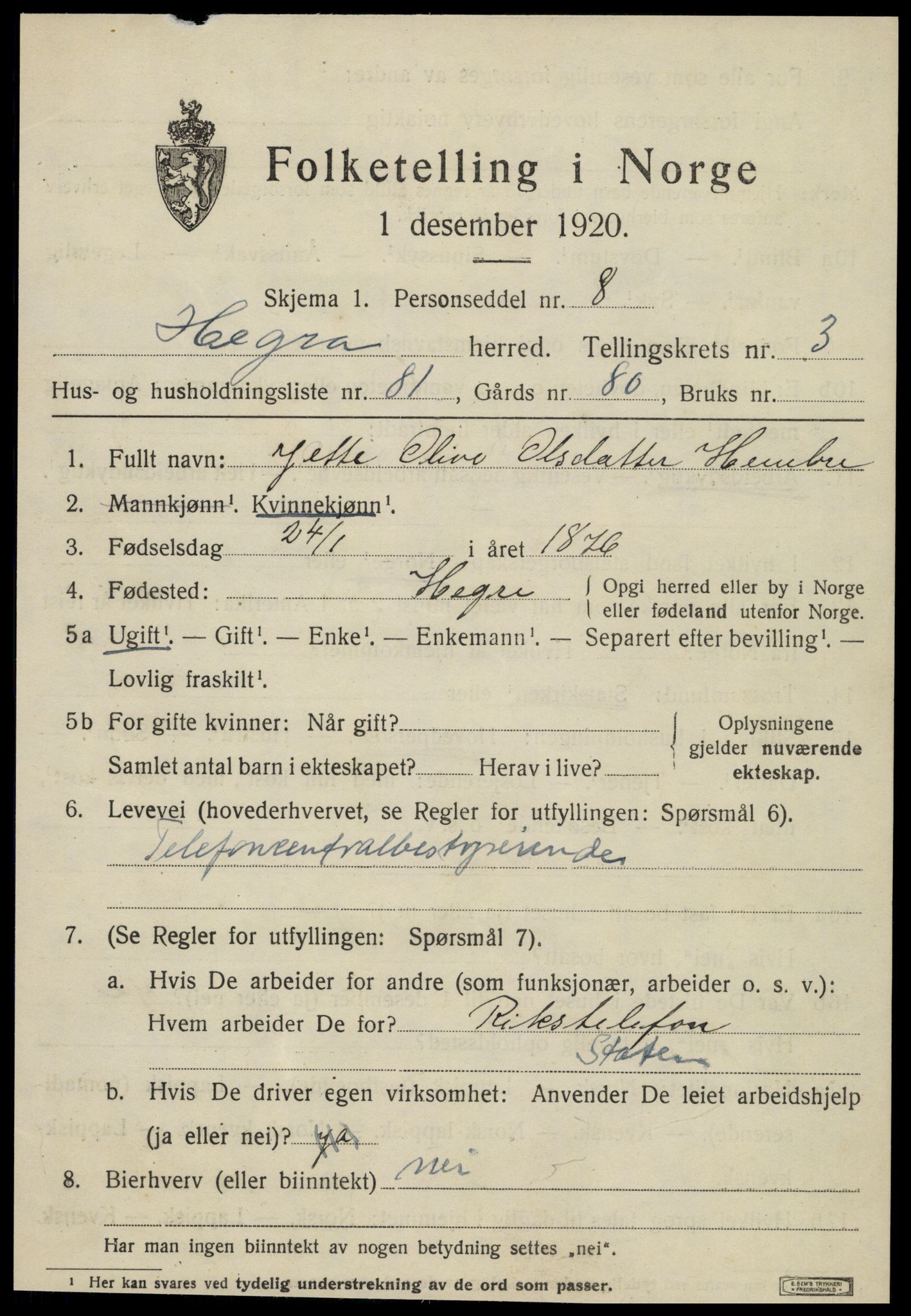 SAT, 1920 census for Hegra, 1920, p. 3370