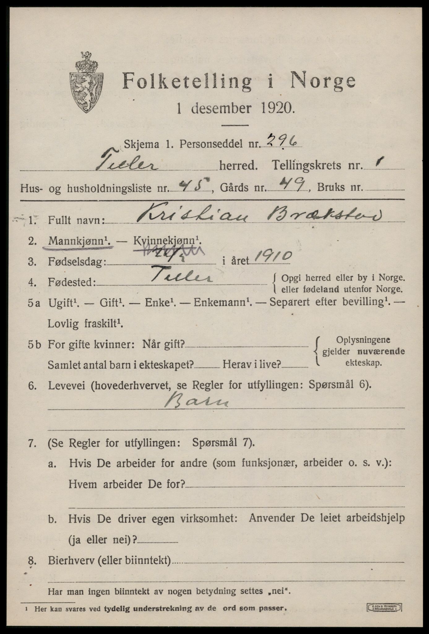 SAT, 1920 census for Tiller, 1920, p. 959