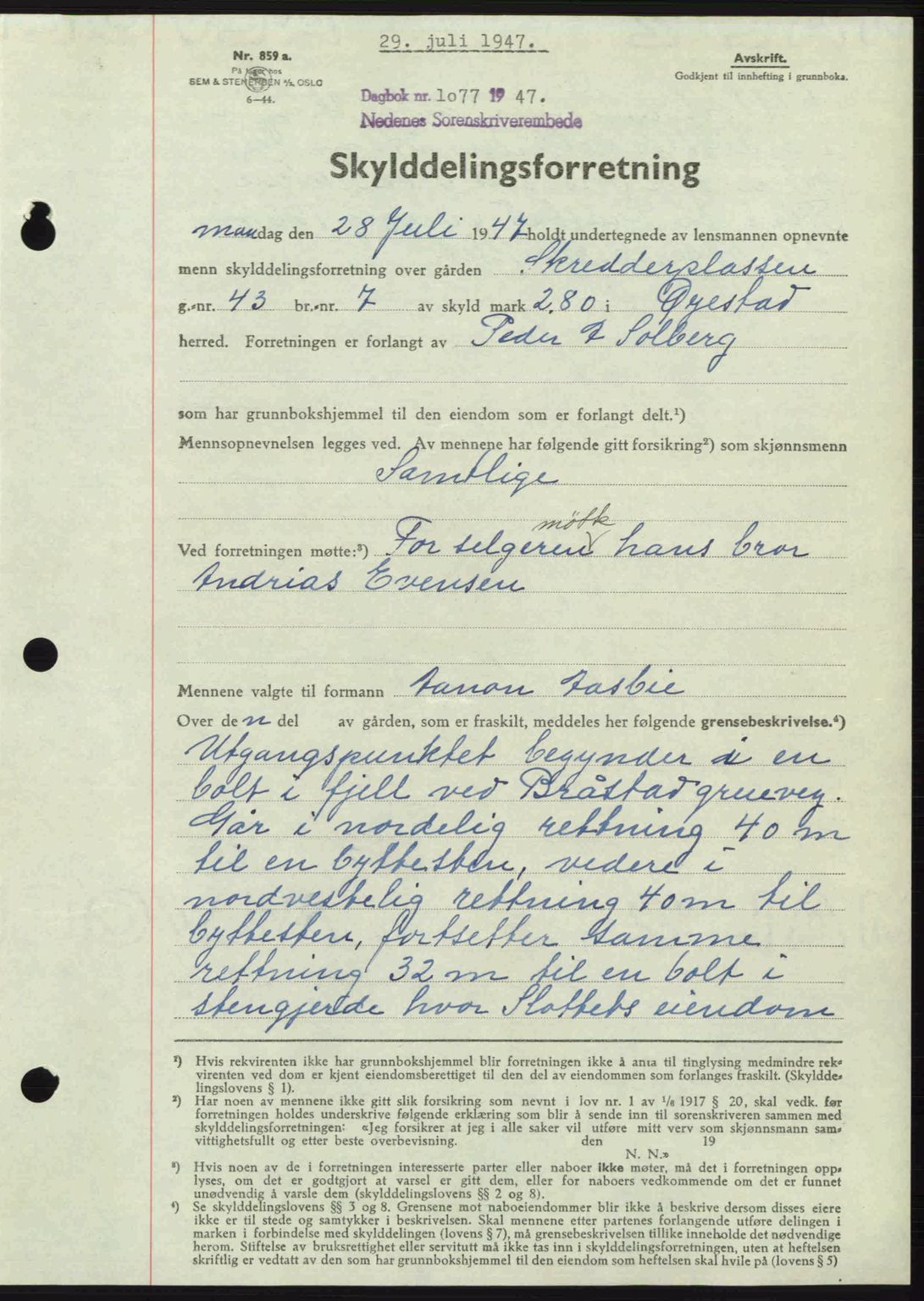 Nedenes sorenskriveri, AV/SAK-1221-0006/G/Gb/Gba/L0057: Mortgage book no. A9, 1947-1947, Diary no: : 1077/1947