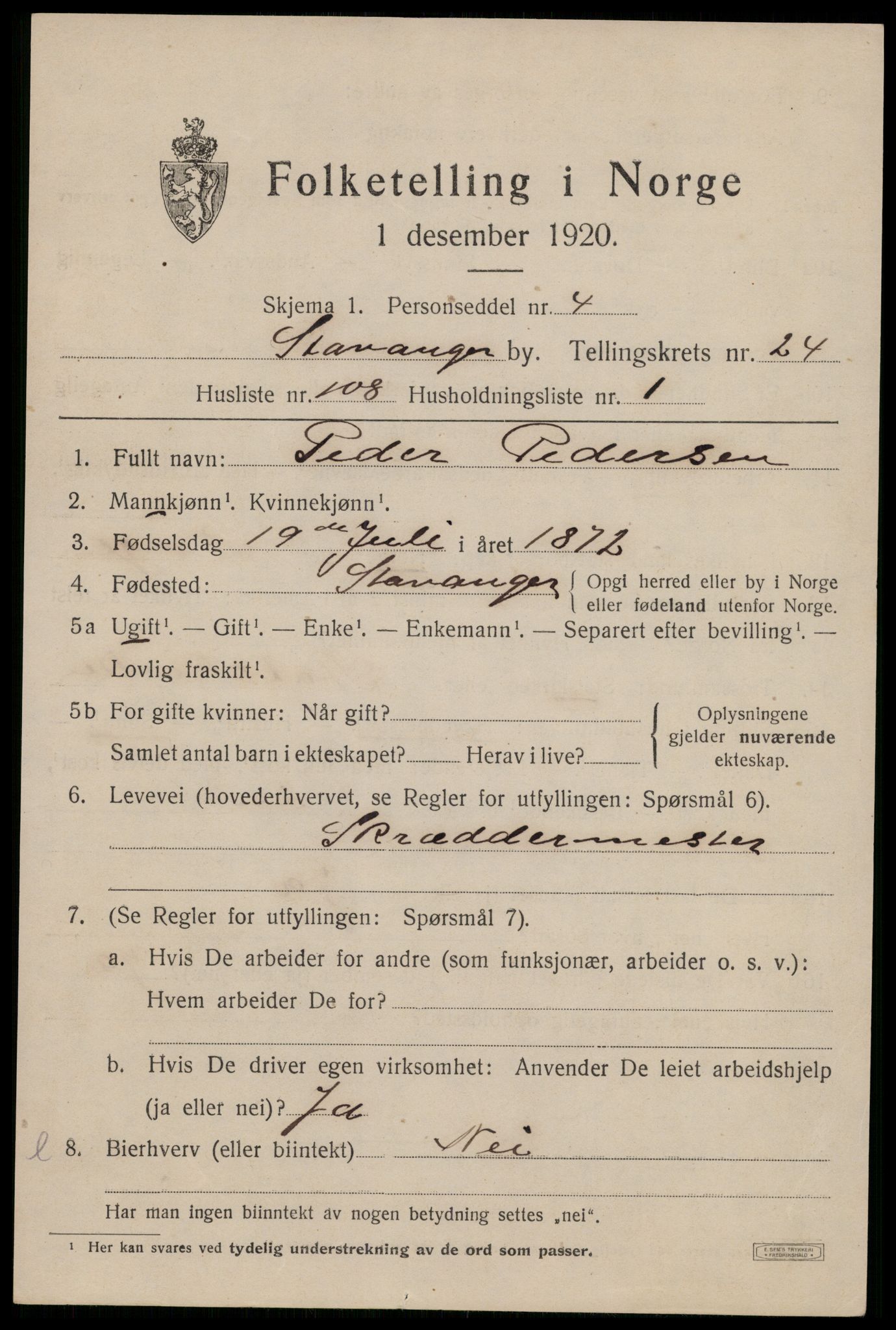 SAST, 1920 census for Stavanger, 1920, p. 77038