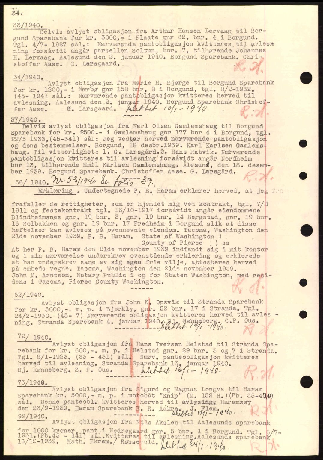 Nordre Sunnmøre sorenskriveri, SAT/A-0006/1/2/2C/2Ca: Mortgage book no. B1-6, 1938-1942, Diary no: : 33/1940