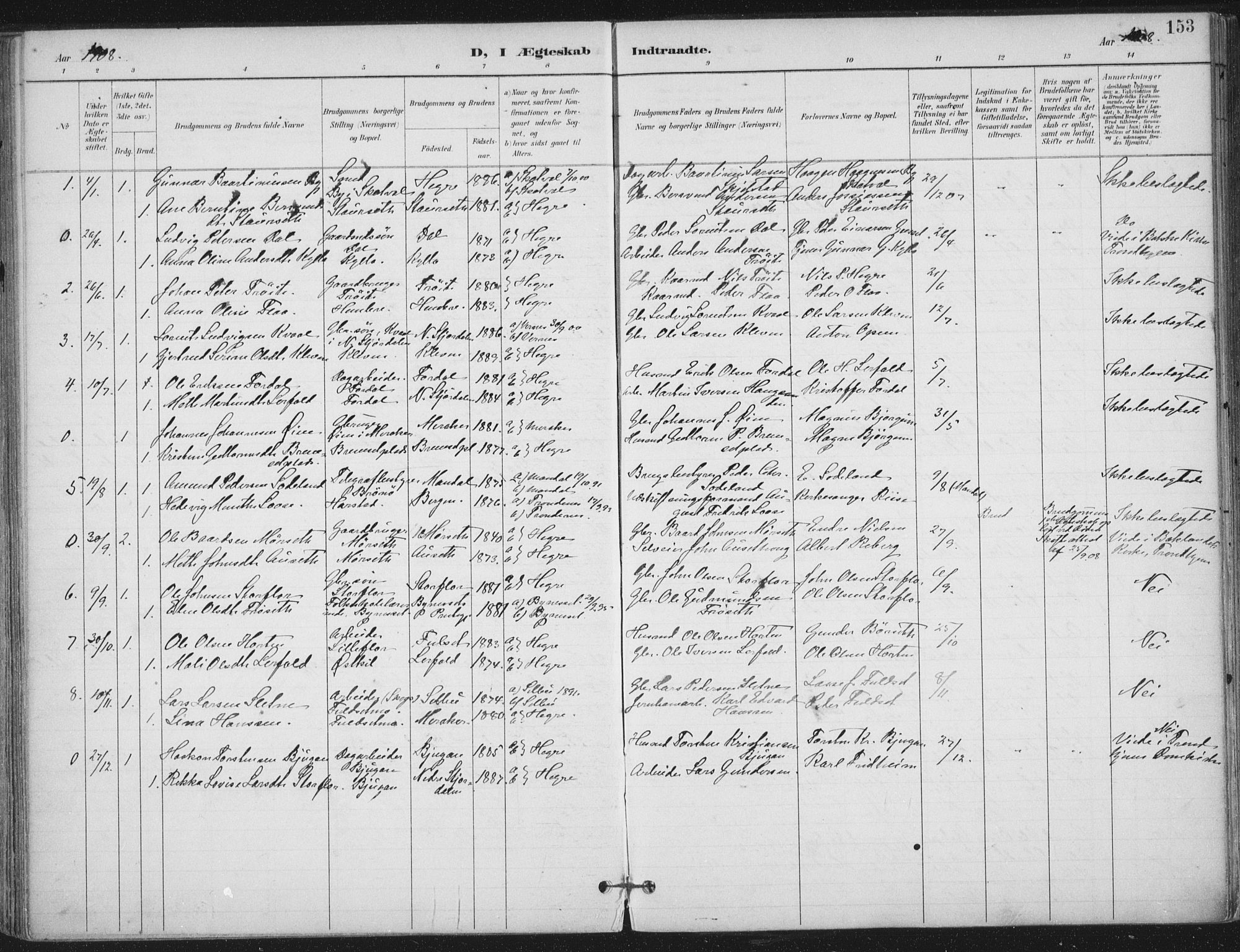 Ministerialprotokoller, klokkerbøker og fødselsregistre - Nord-Trøndelag, SAT/A-1458/703/L0031: Parish register (official) no. 703A04, 1893-1914, p. 153