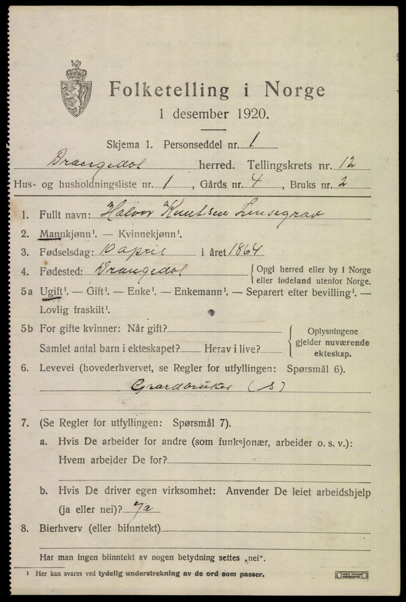 SAKO, 1920 census for Drangedal, 1920, p. 6773