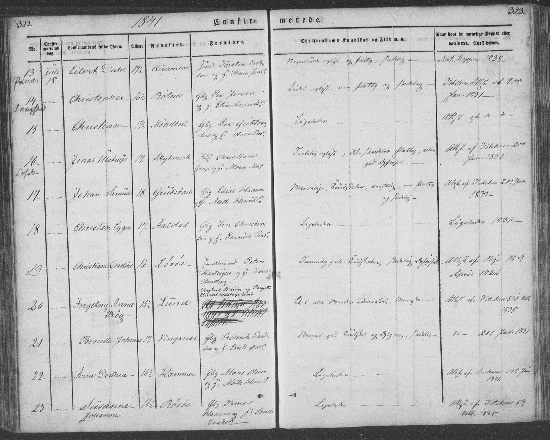 Ministerialprotokoller, klokkerbøker og fødselsregistre - Nordland, AV/SAT-A-1459/855/L0799: Parish register (official) no. 855A07, 1834-1852, p. 322-323