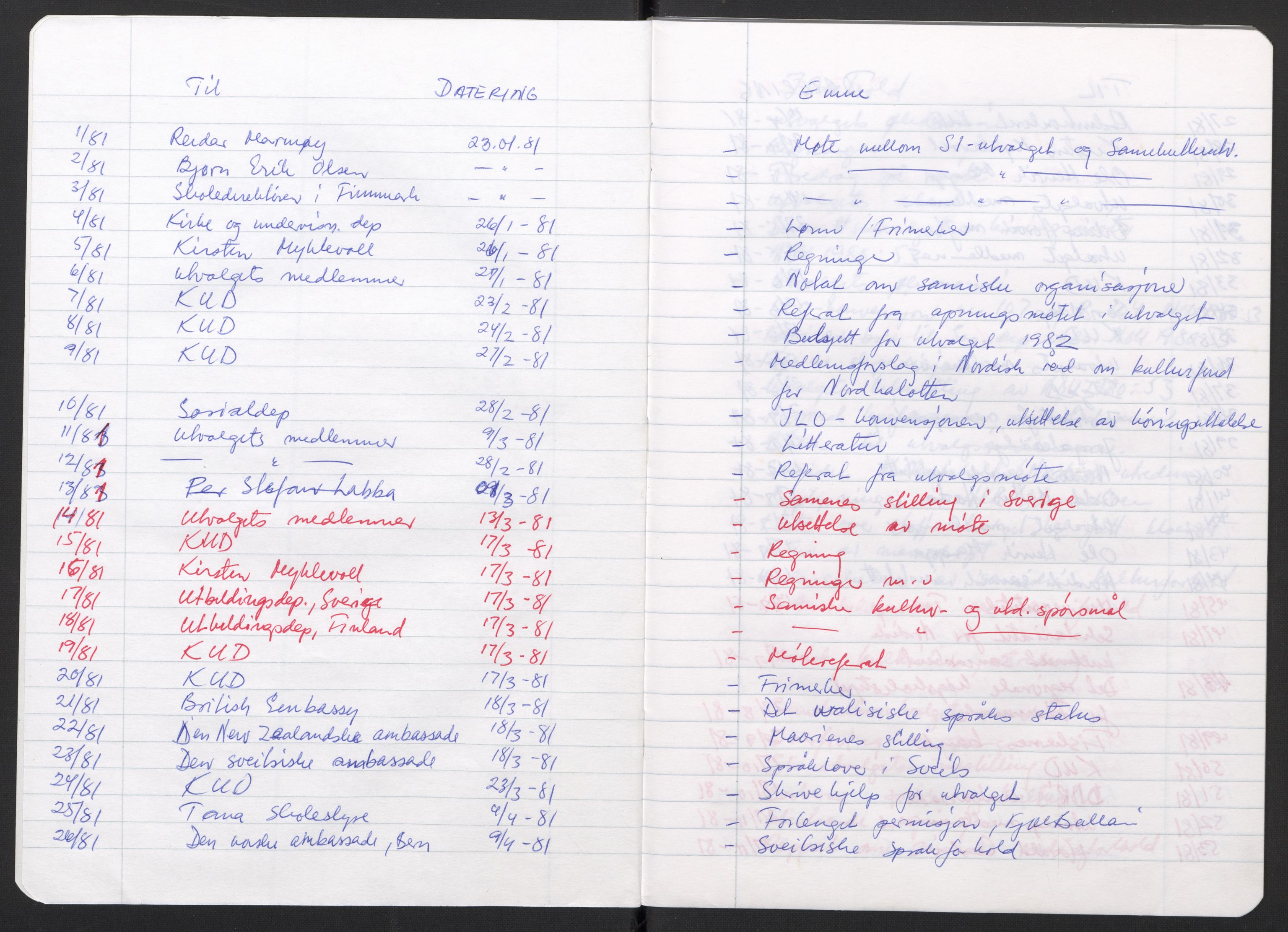 Kirke- og undervisningsdepartementet, Samekulturutvalget, AV/RA-S-2905/D/L0002: Utgående brev. Register til disse, 1981-1987, p. 498