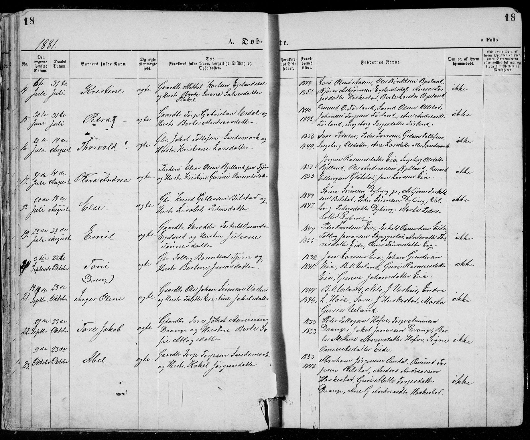 Lund sokneprestkontor, SAST/A-101809/S07/L0005: Parish register (copy) no. B 5, 1875-1889, p. 18